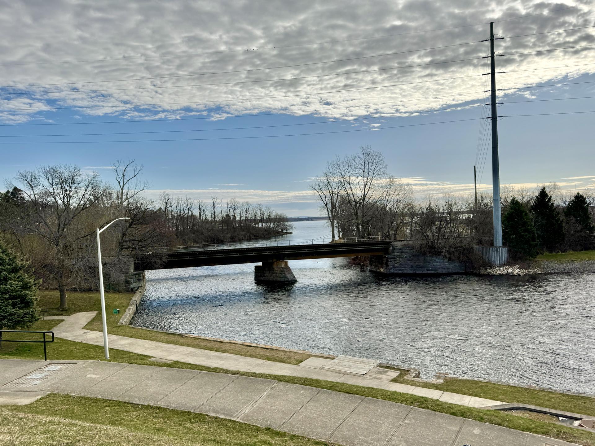 A bridge spans a river under a cloudy sky, with trees lining the banks.