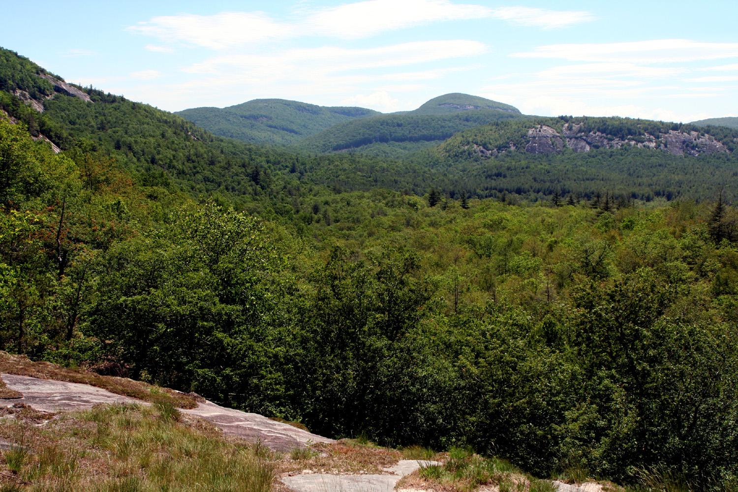 Expansive view of lush green forested mountains under a bright, cloudy sky.