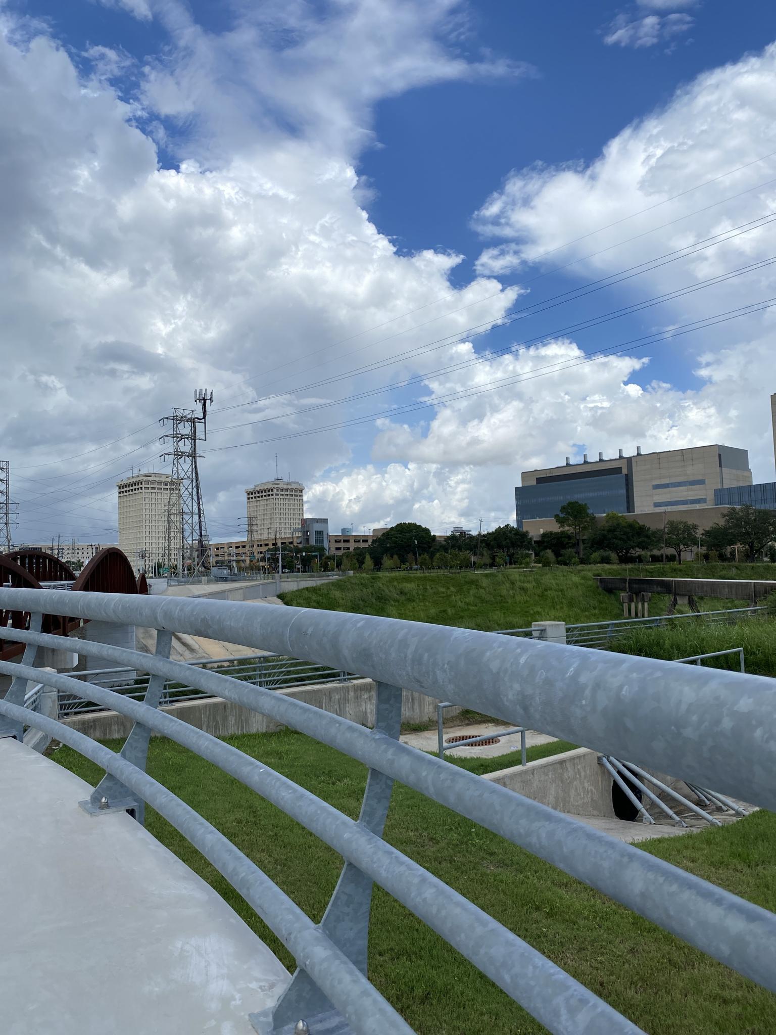 A metal bridge railing overlooks a grassy area with distant urban buildings.