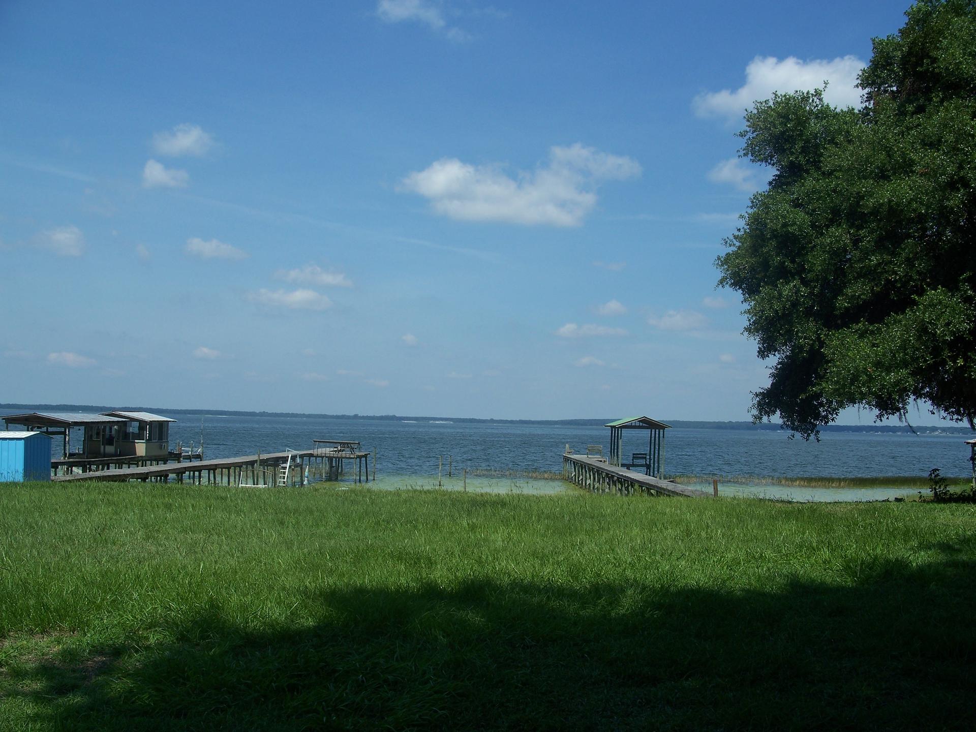 Sunny day over a large lake with multiple wooden docks and green grass.