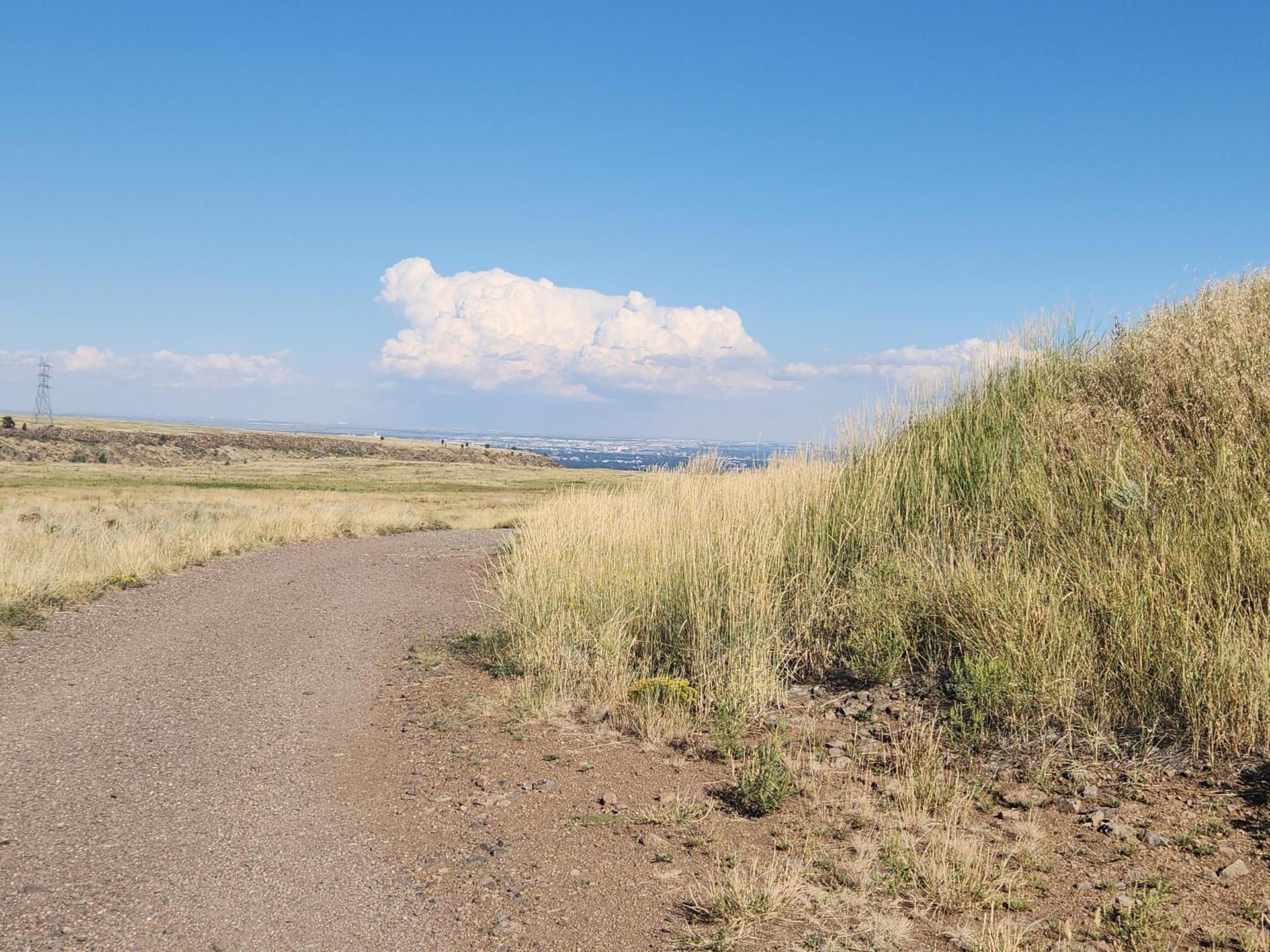 Dirt path next to a grassy hill under a bright blue sky.