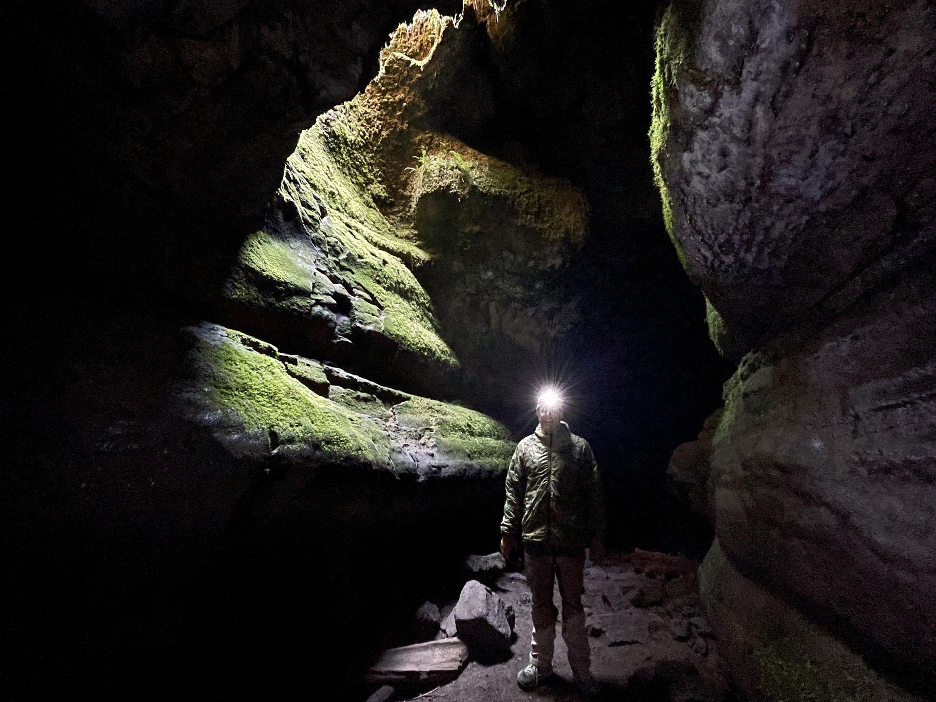 Person with headlamp standing inside a dark, mossy cave chamber.