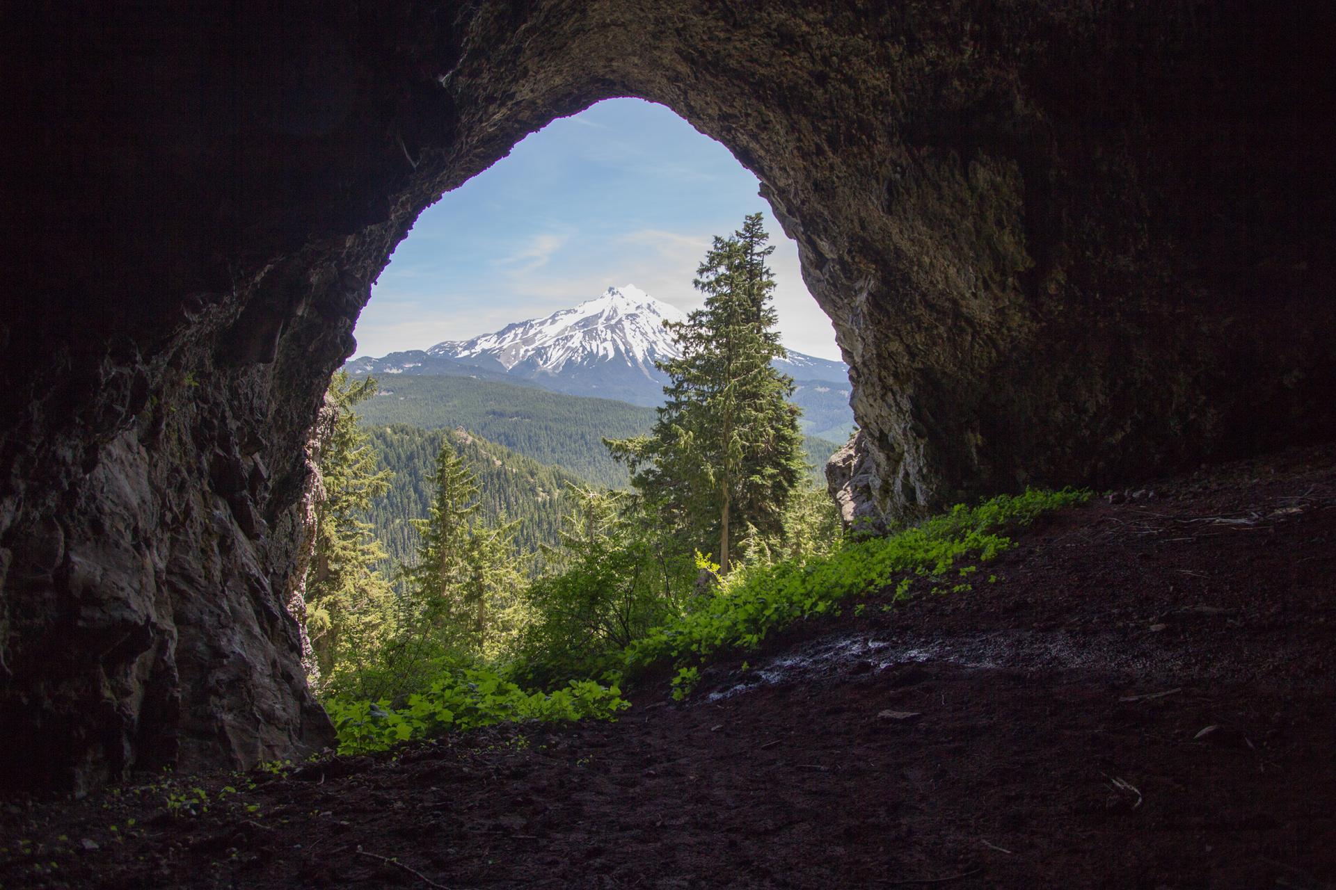 Dark cave opening frames a distant snow-capped mountain and green forest.