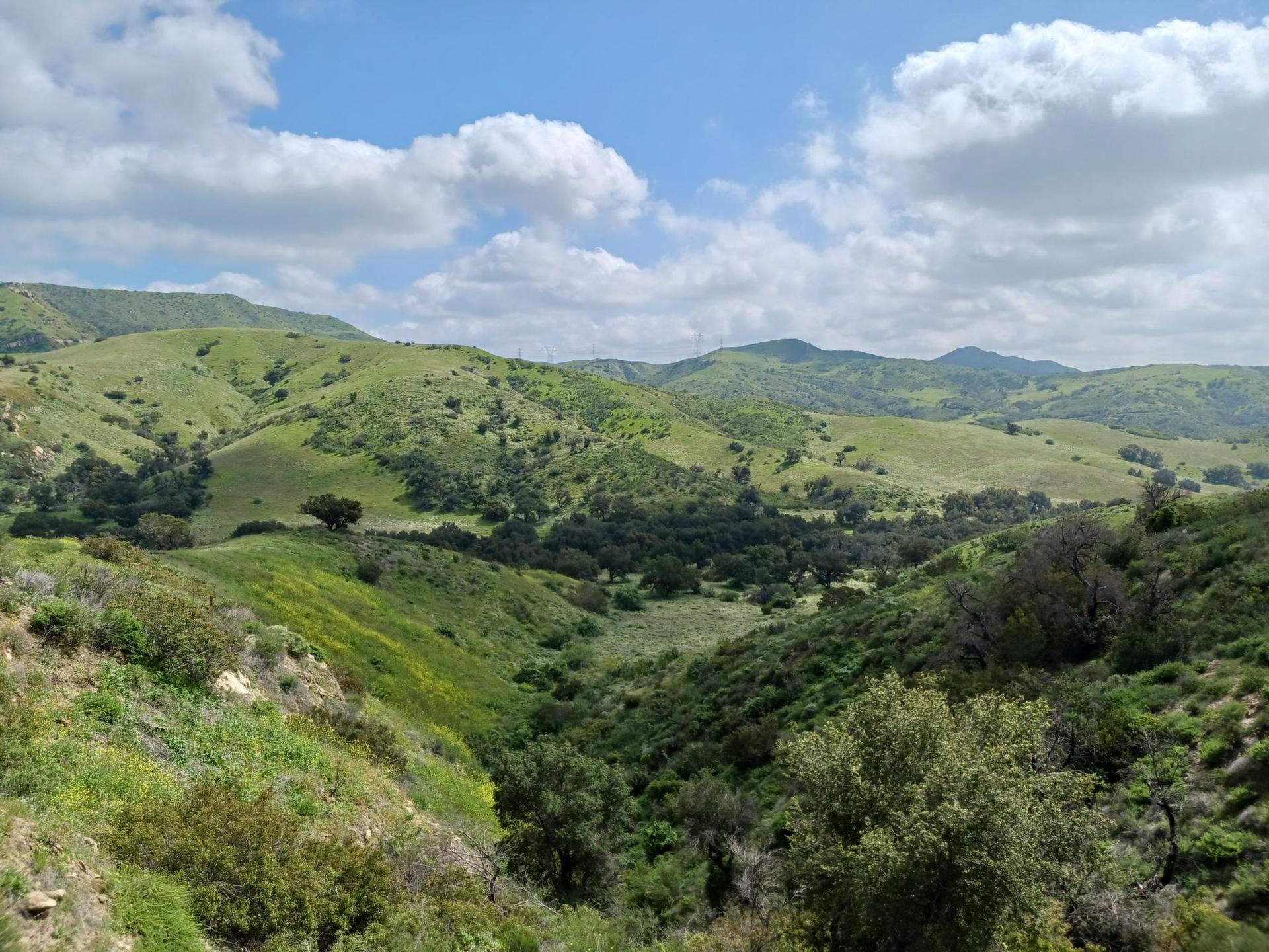 Lush green rolling hills and a valley under a bright, cloudy sky.