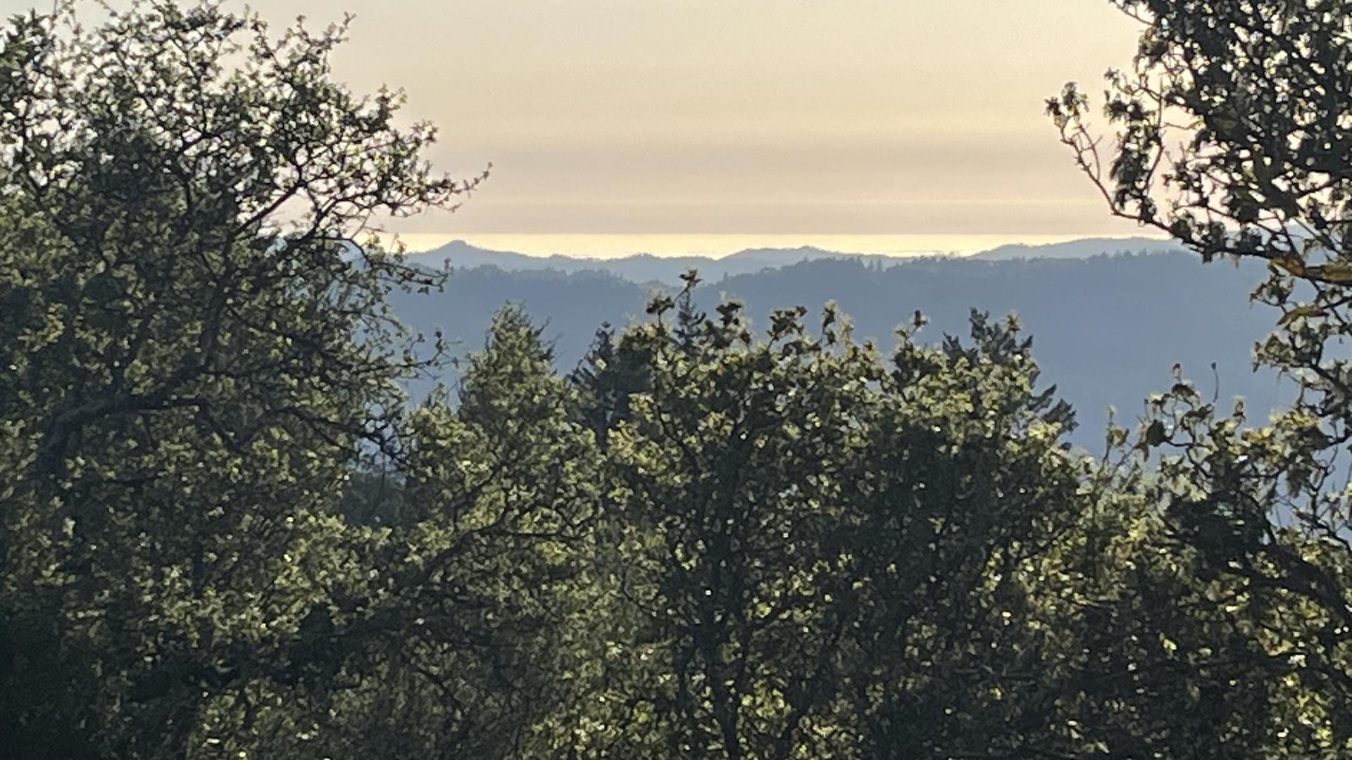 Hazy distant ocean view over layers of green forested hills.