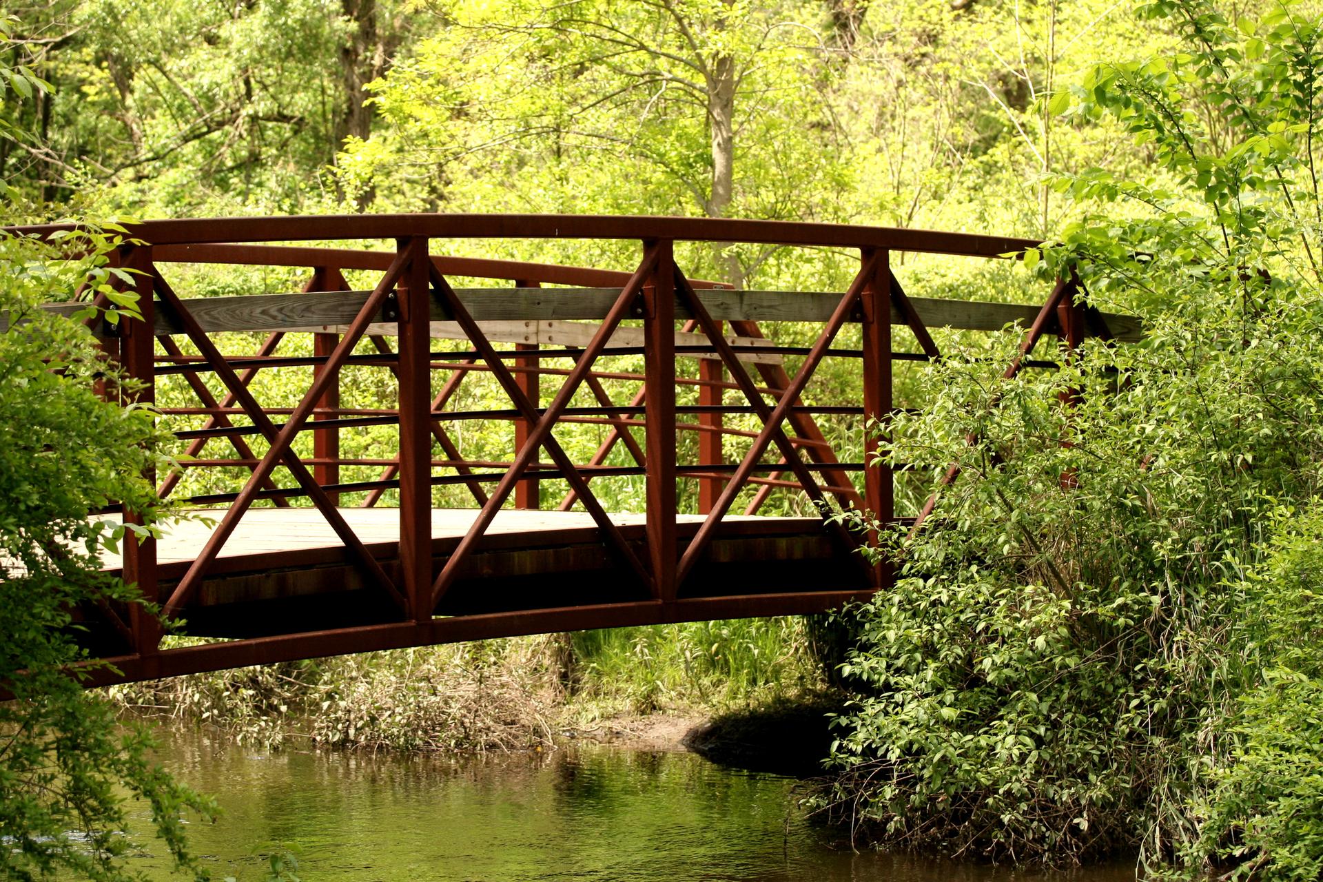 A rustic metal bridge spans a stream surrounded by lush green trees in daylight.