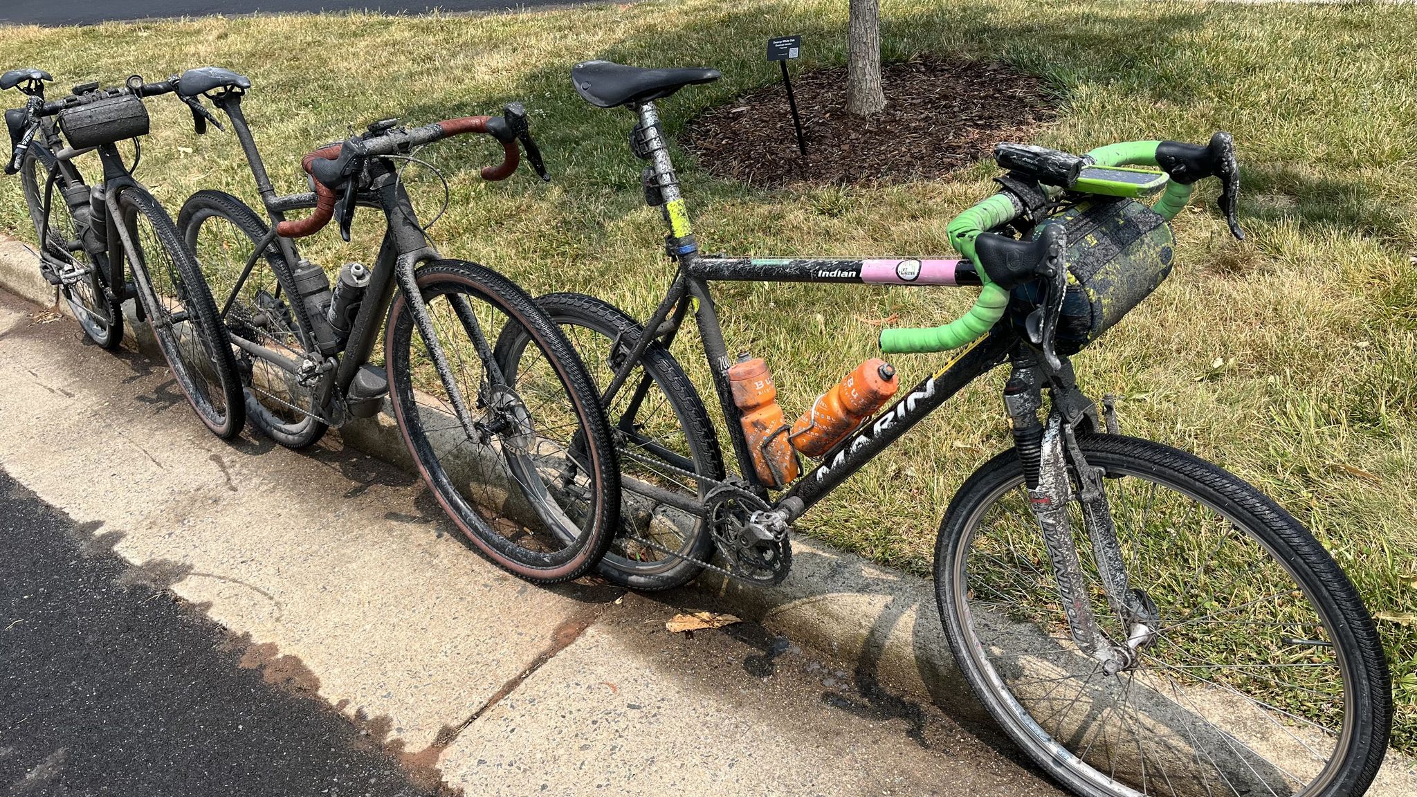 Three bicycles with gear parked on a curb next to a grassy area. - W&OD Trail — Leesburg section loop from Red Rock Overlook Regional Park