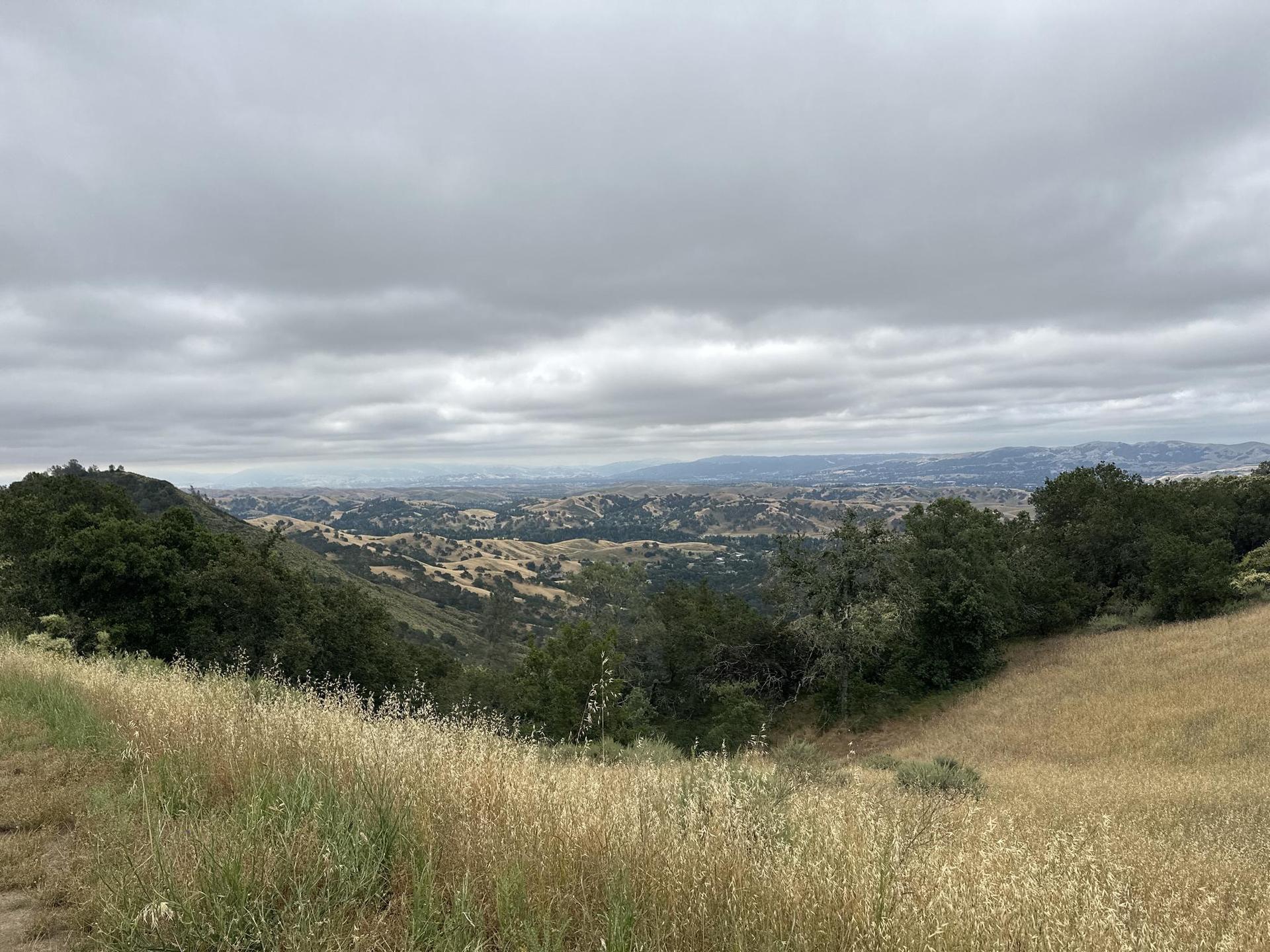 Overcast sky above a valley of golden hills and green trees.