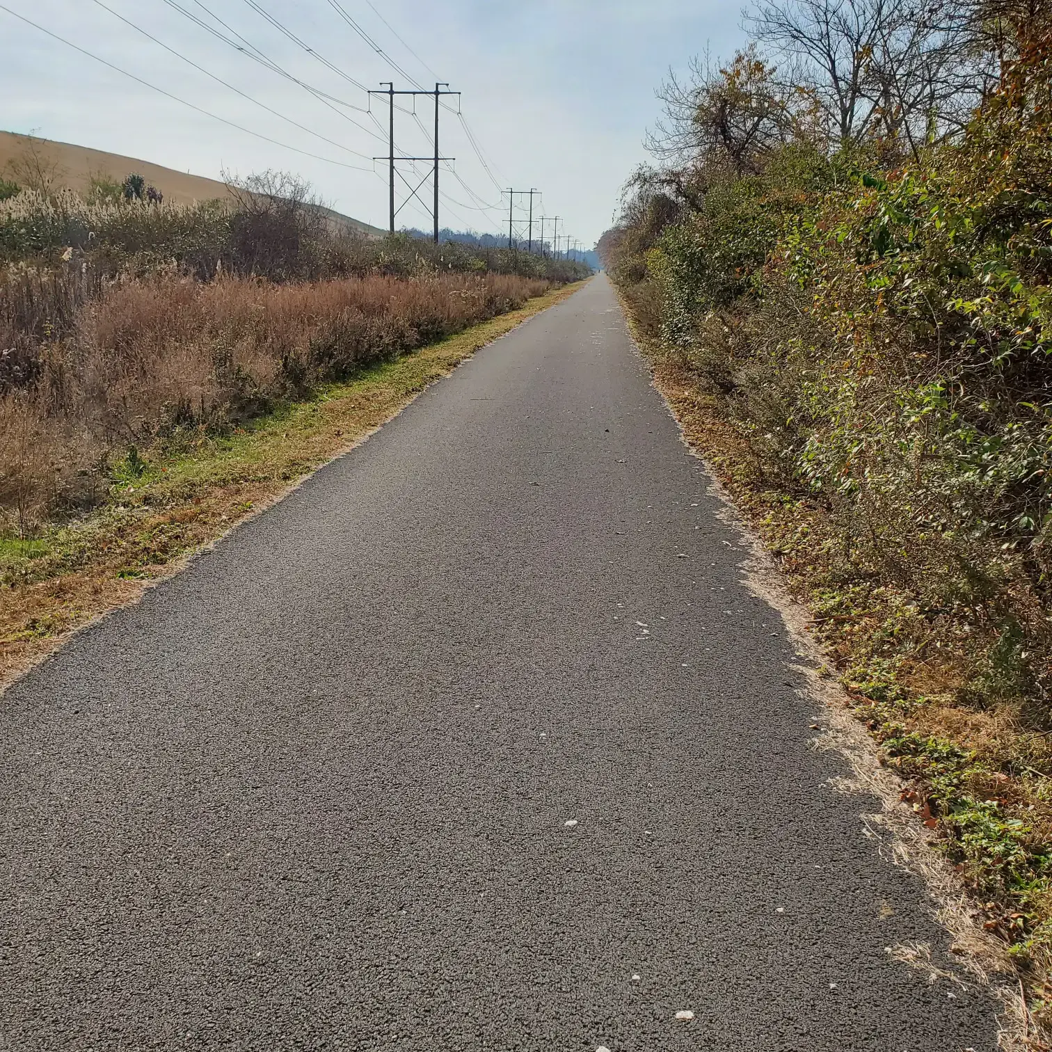 A paved path stretches through dry grassy fields with power lines overhead.