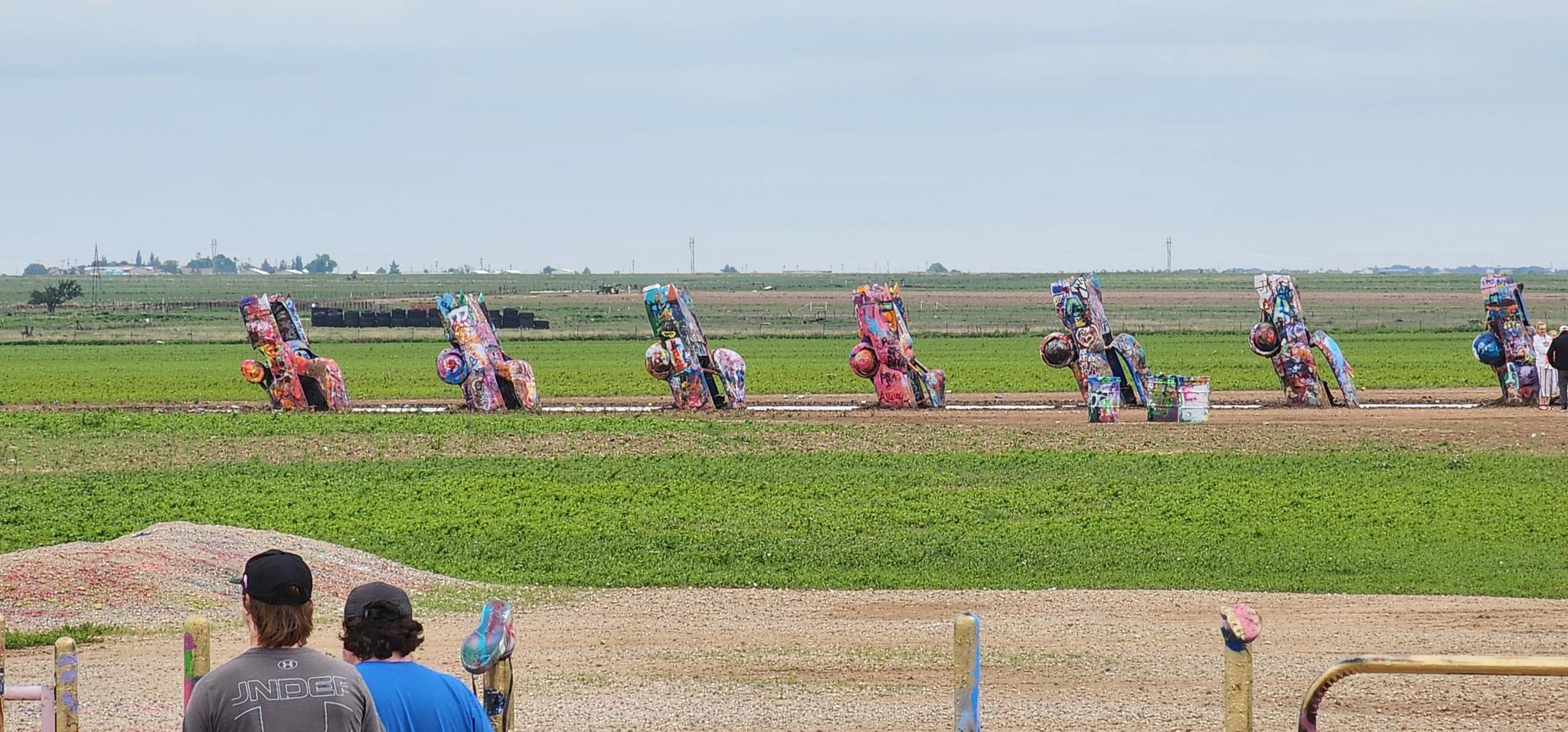 Two people view a distant row of colorful, buried cars in a green field.