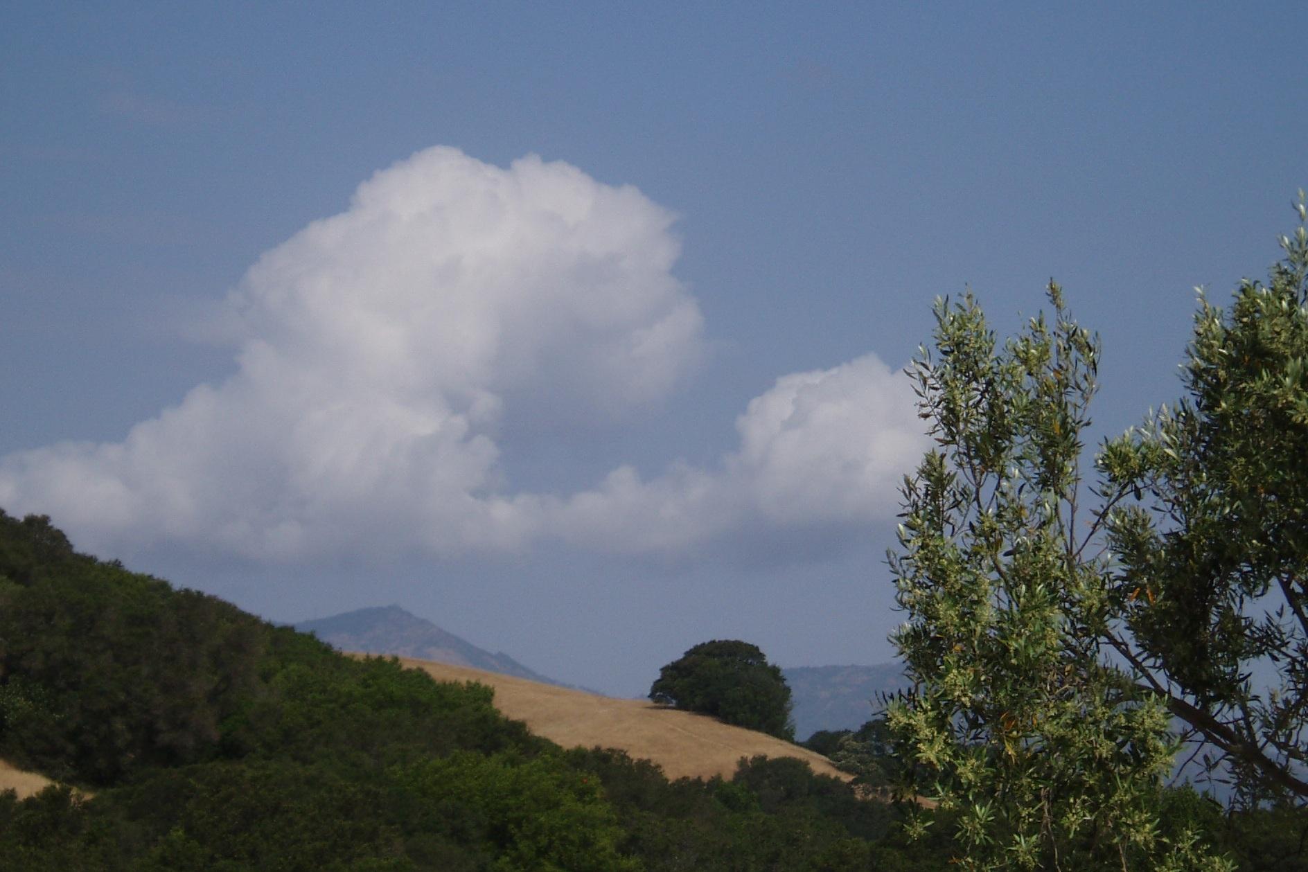 Fluffy white clouds drift above green hills and distant mountains on a clear day.