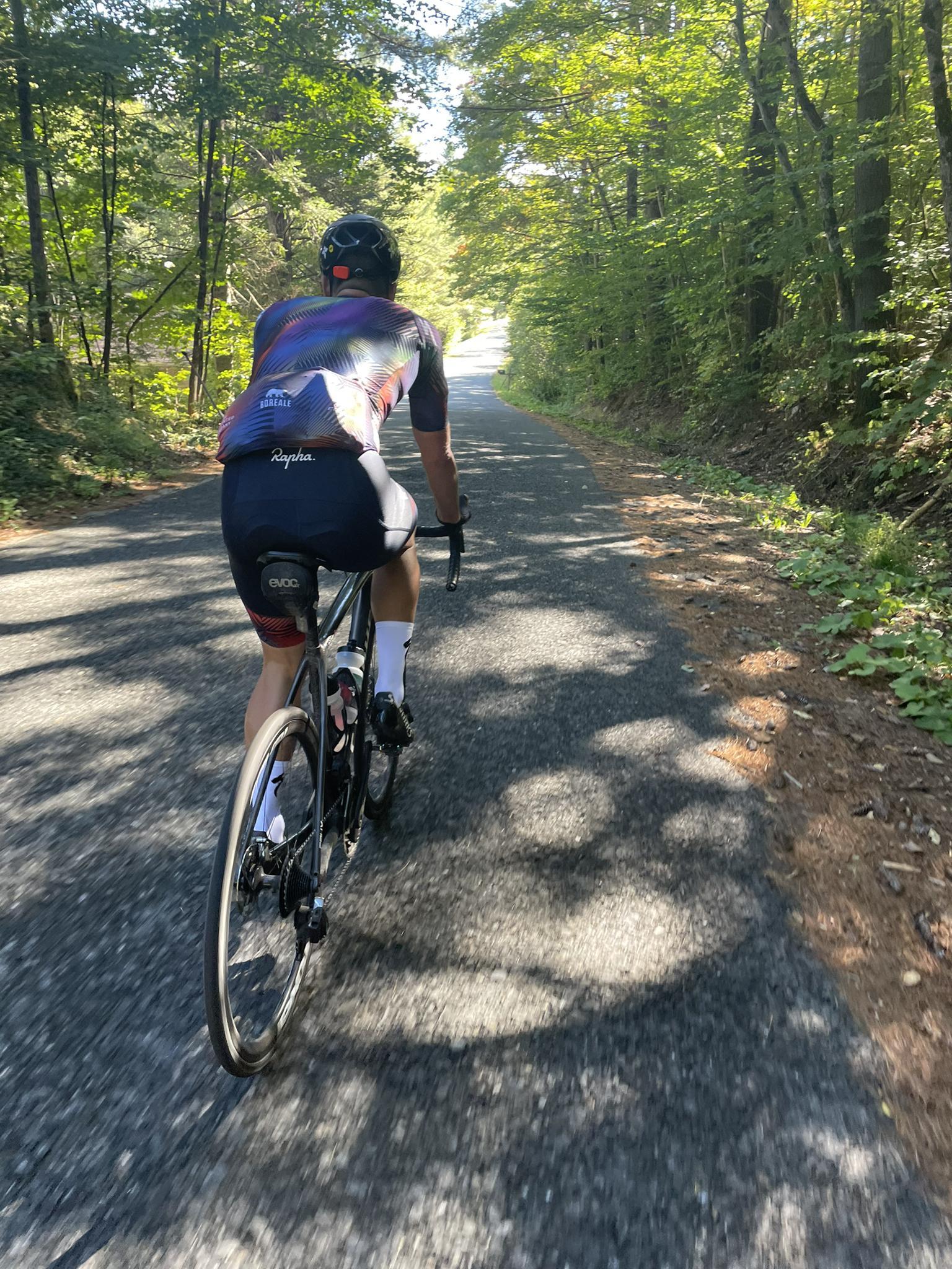 A person cycles on a sun-dappled paved road through a green forest.