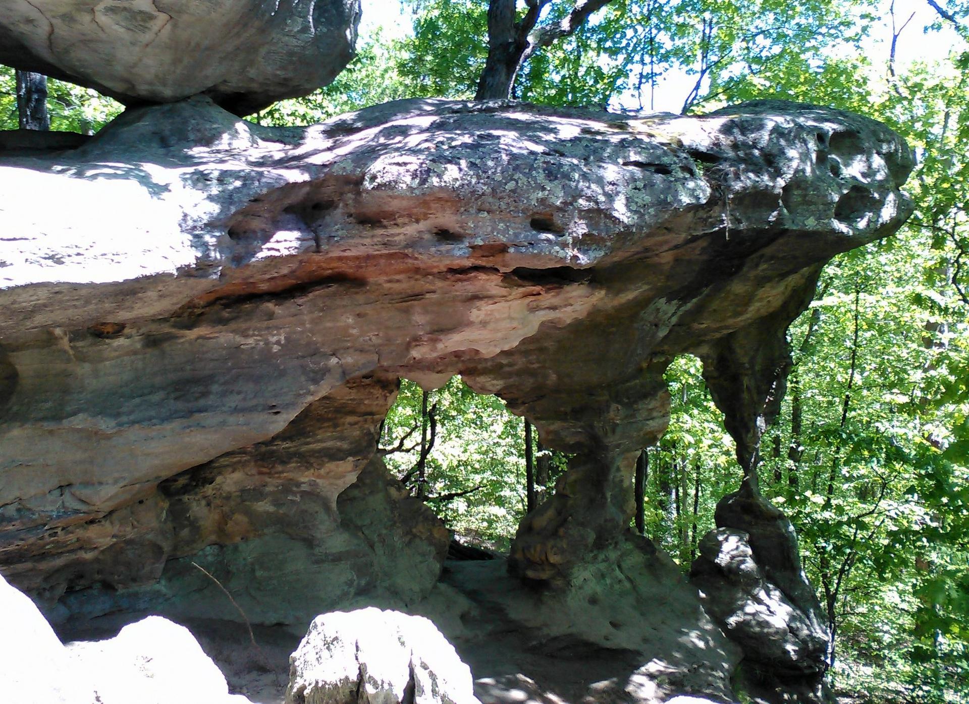 Large, weathered rock formation with natural arches in a sunlit green forest.