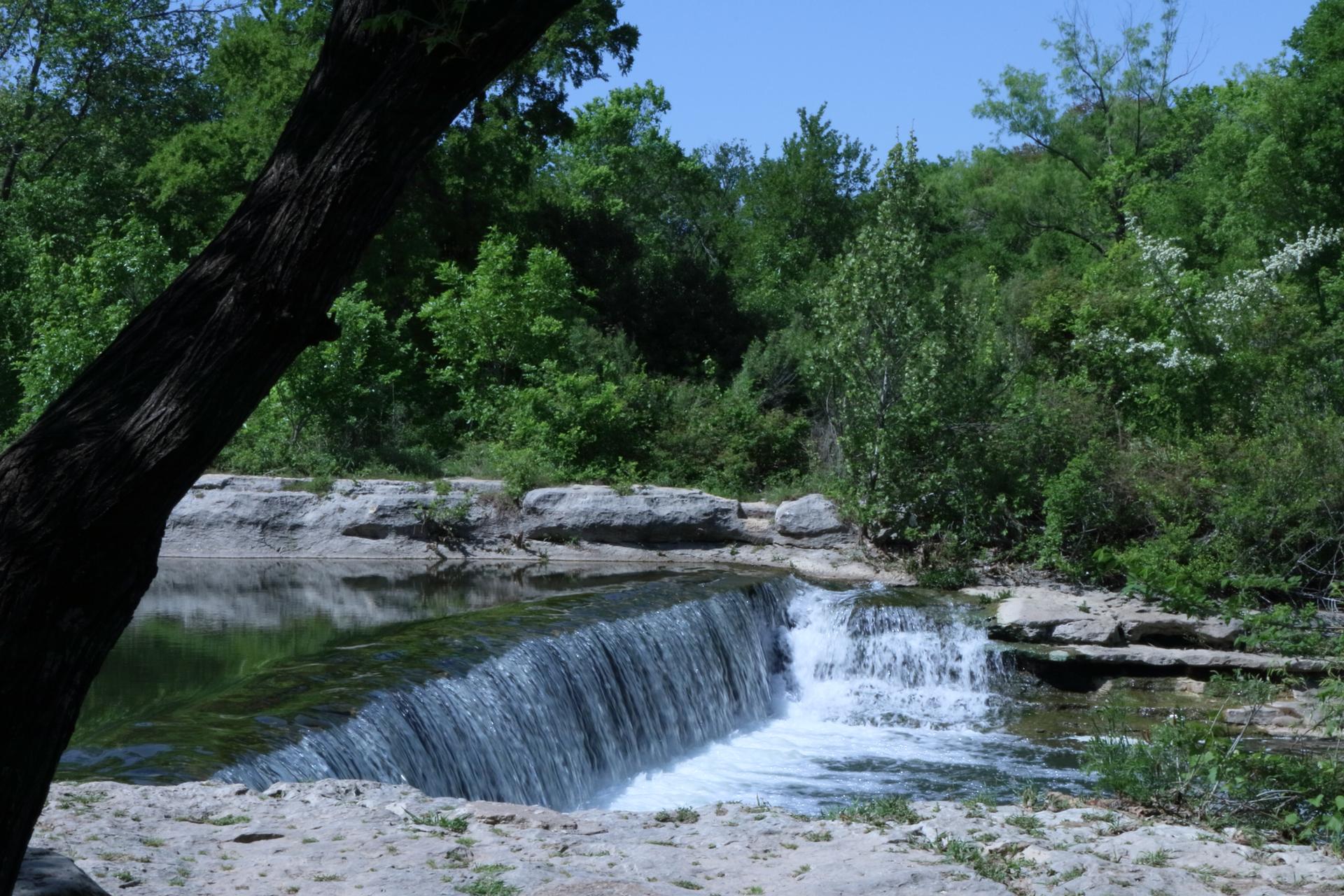 A small waterfall cascades over rocks in a sunny, green forest.