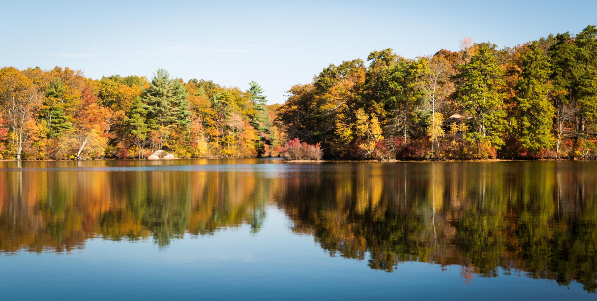 Calm lake reflecting vibrant autumn trees under a clear sky.