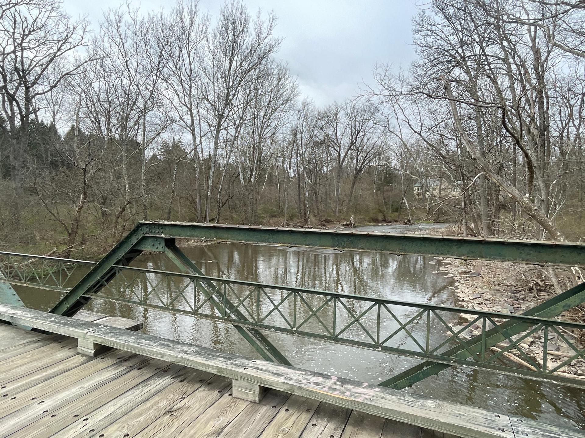 Green metal bridge over a river, surrounded by bare winter trees.