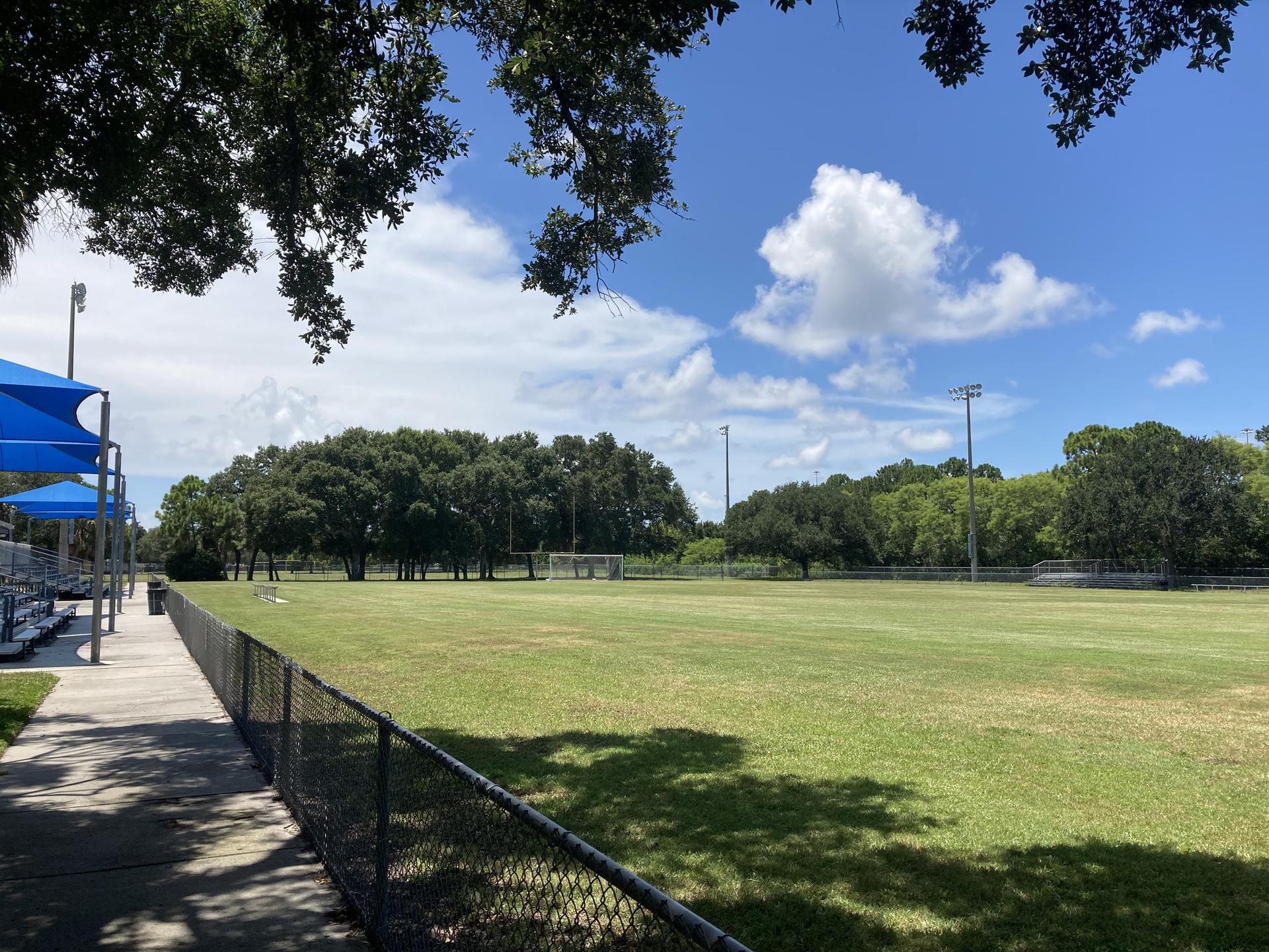 Brightly lit grassy sports field with bleachers, trees, and a clear blue sky.