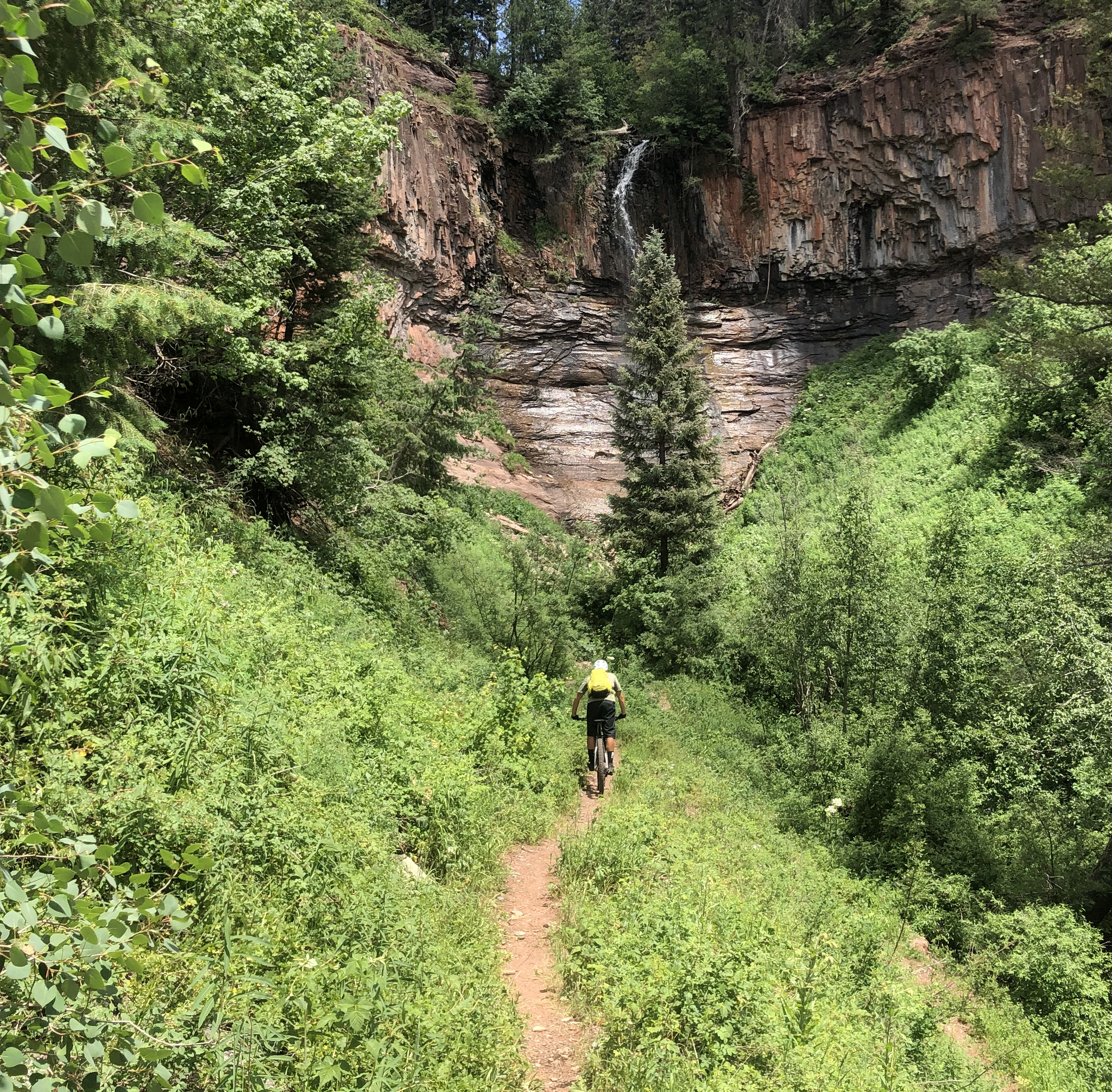 A mountain biker rides a lush green trail towards a tall waterfall and cliff.