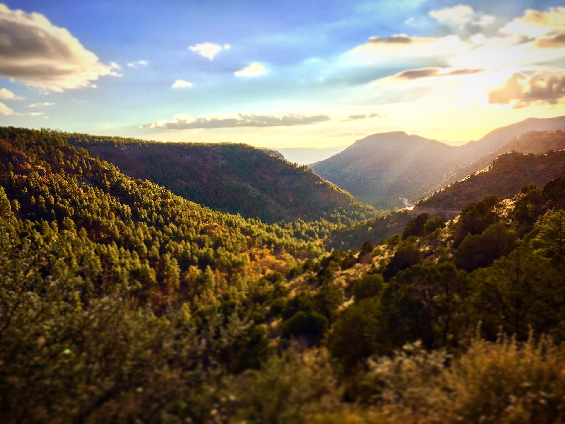 Sunlight illuminates a deep, forested mountain valley with distant peaks.
