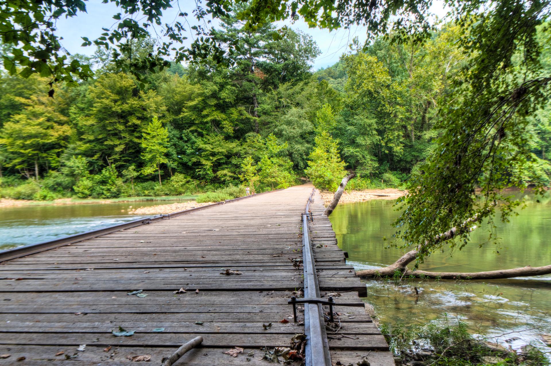 Long wooden bridge extending over a calm river into a green forest.