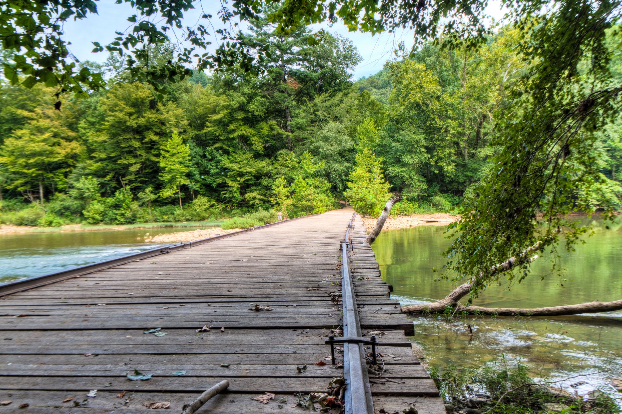 Long wooden bridge extending over a calm river into a green forest. - Leatherwood Loop Trail