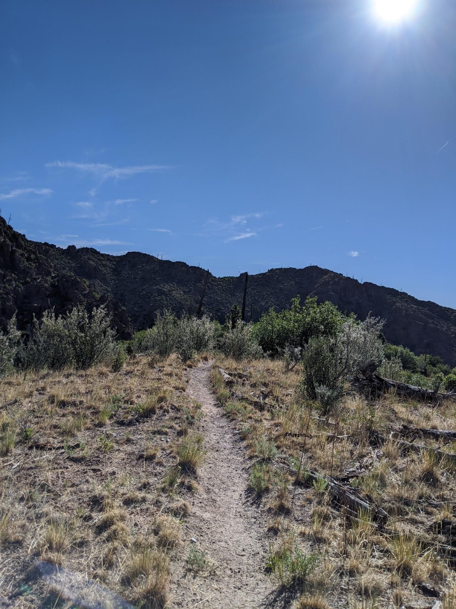 A narrow dirt path leads over dry, grassy hills toward distant mountains. - Guaje Ridge/Perimeter Loop