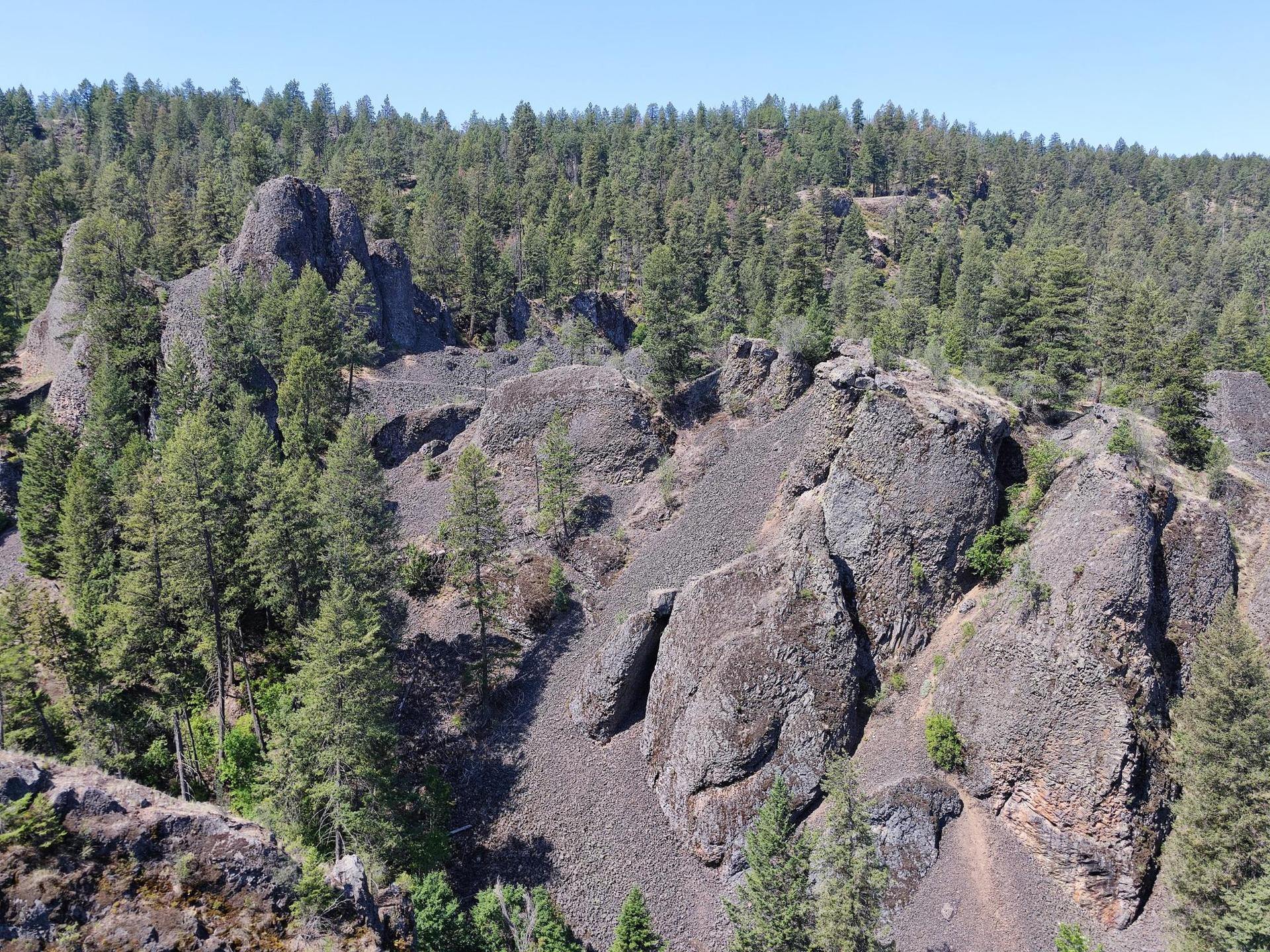 Sunlit, rugged landscape with dark rock formations and dense green forest.
