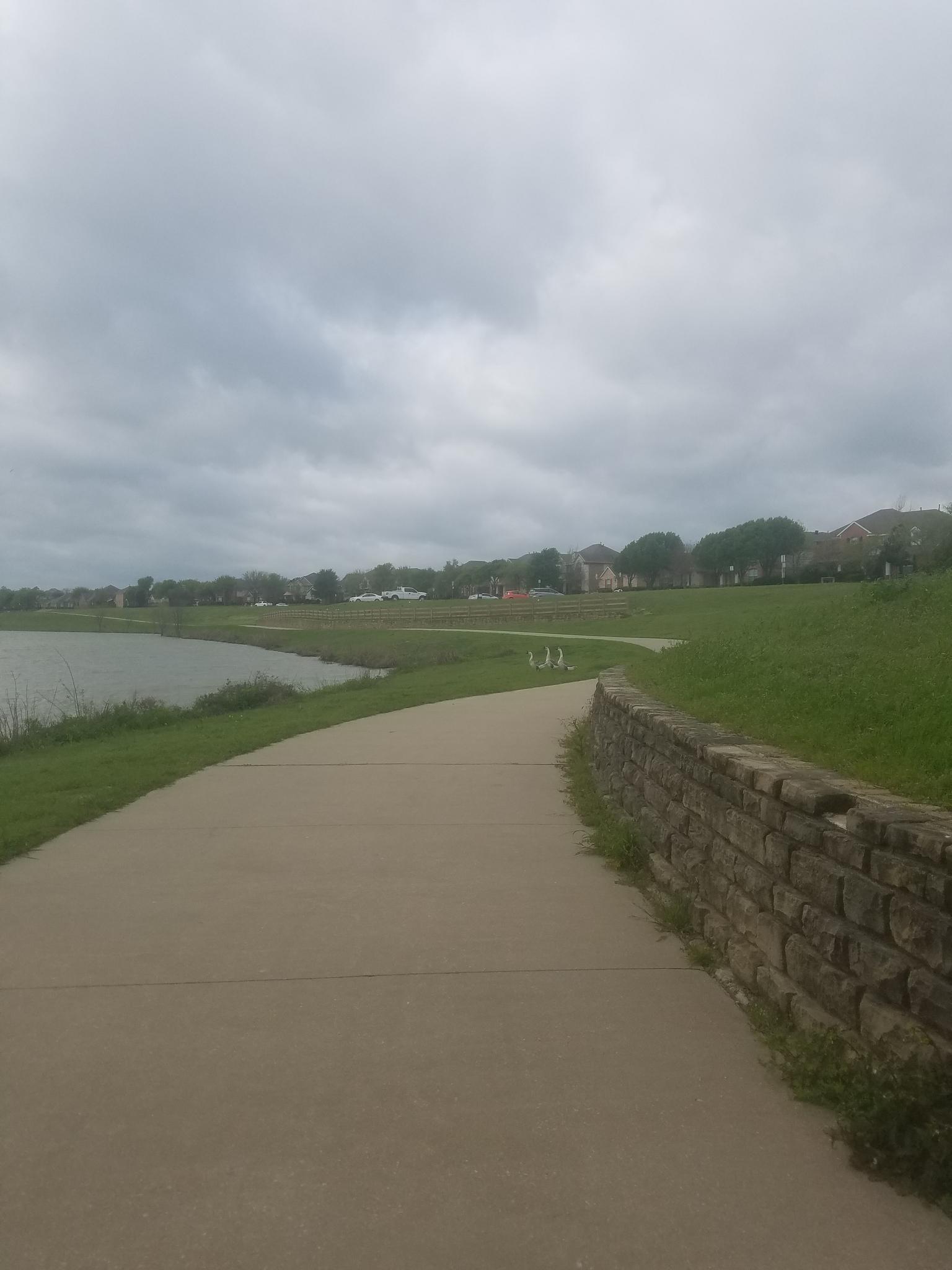 Paved path alongside a lake and stone wall under an overcast sky.