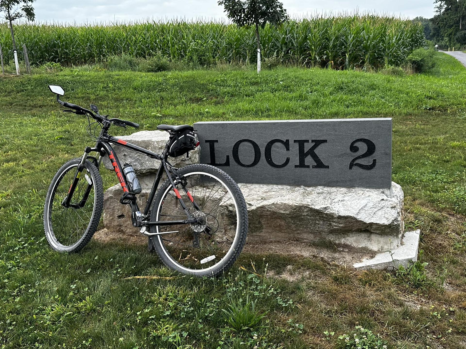Black bicycle parked next to a stone sign in a grassy field.