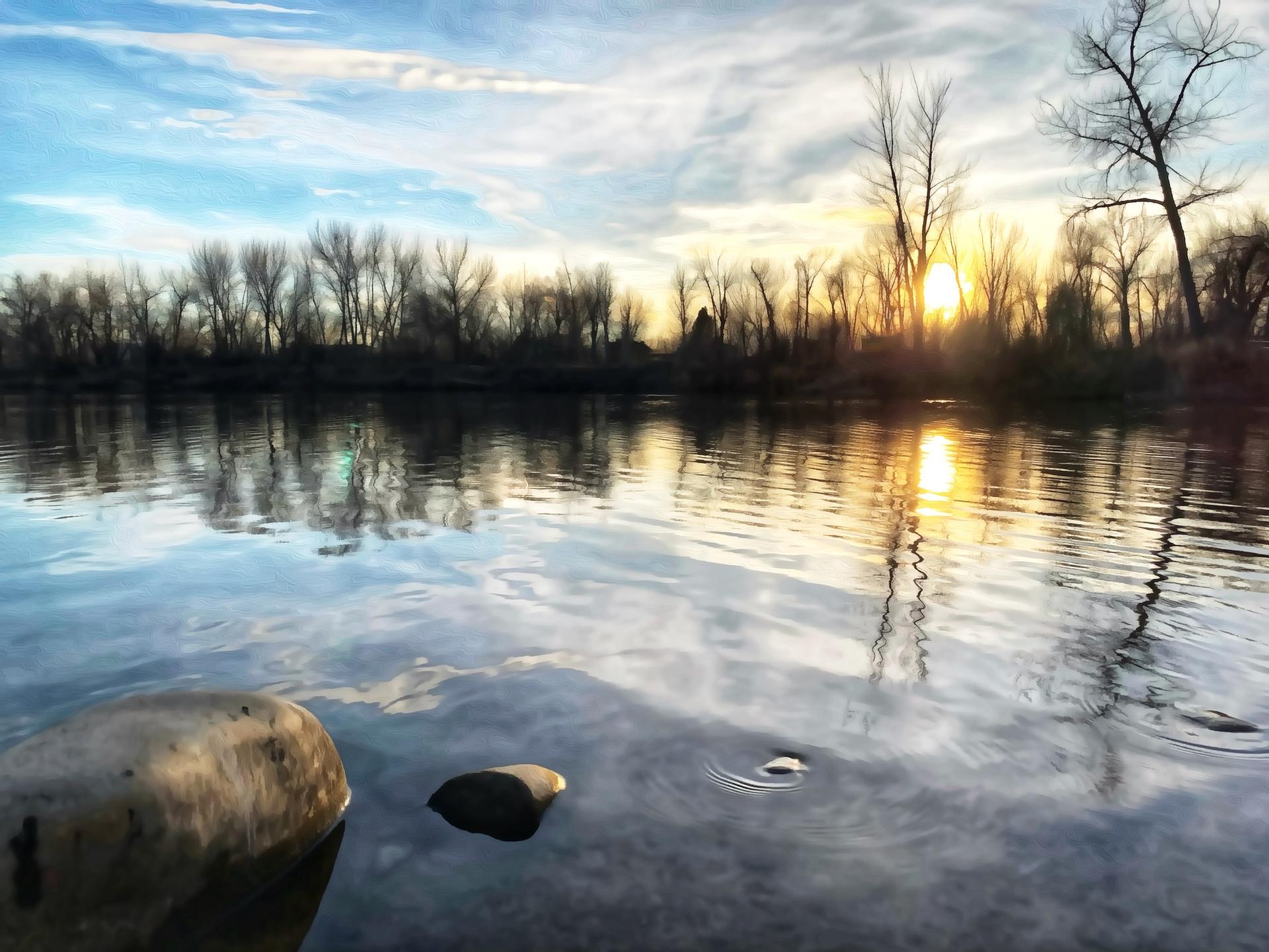 Golden sunset reflecting on calm river water with bare trees.