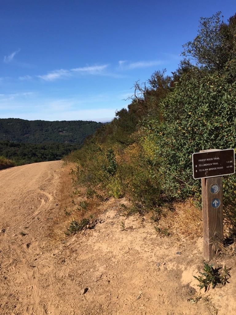 A dusty dirt trail with a signpost next to green bushes under a blue sky.