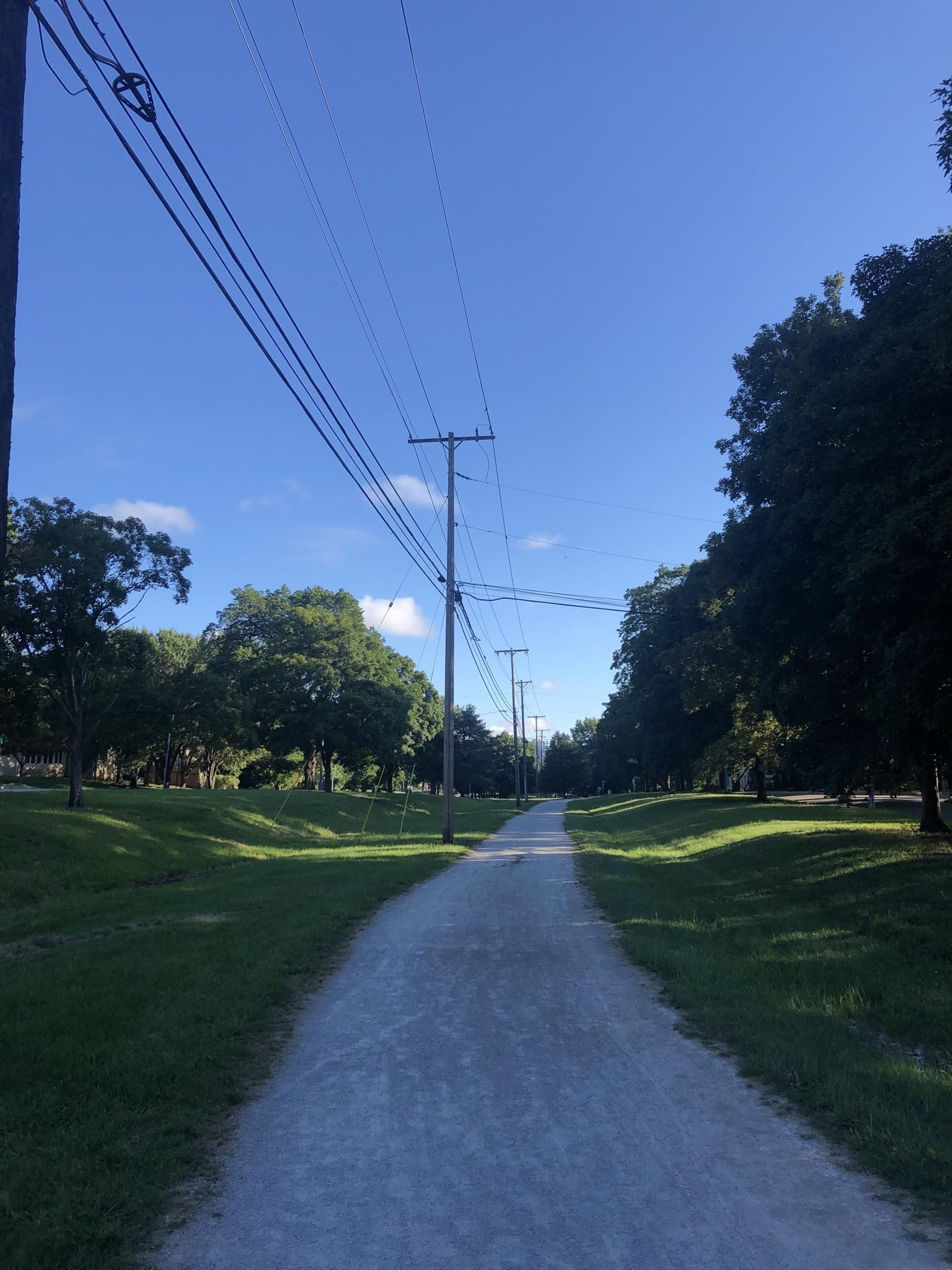 Straight unpaved path lined with trees and utility poles on a sunny day. - Harry Wiggins Trolley Track Trail Loop