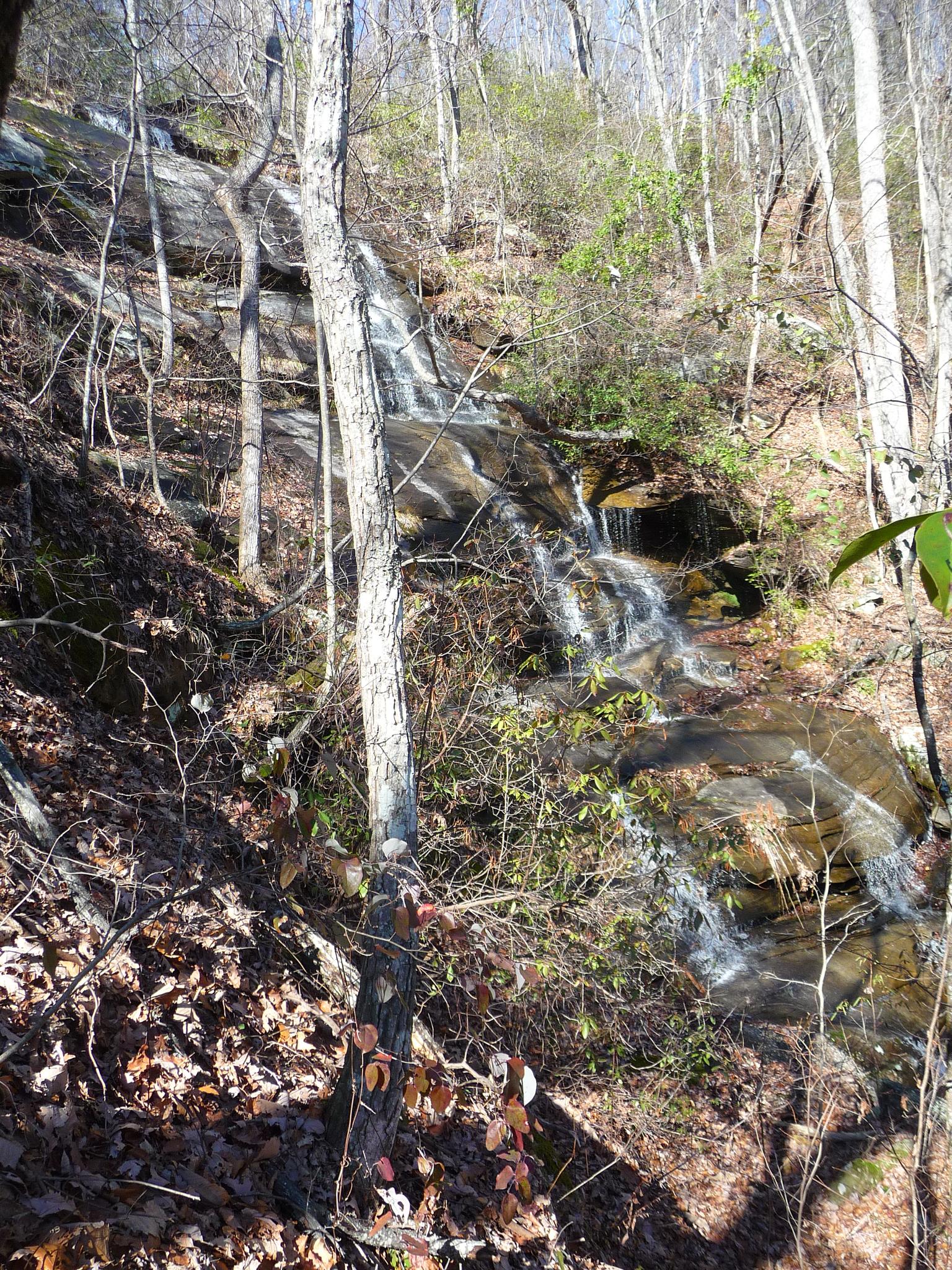 Waterfall cascades down a rocky, wooded hillside with bare trees and dappled sunlight.