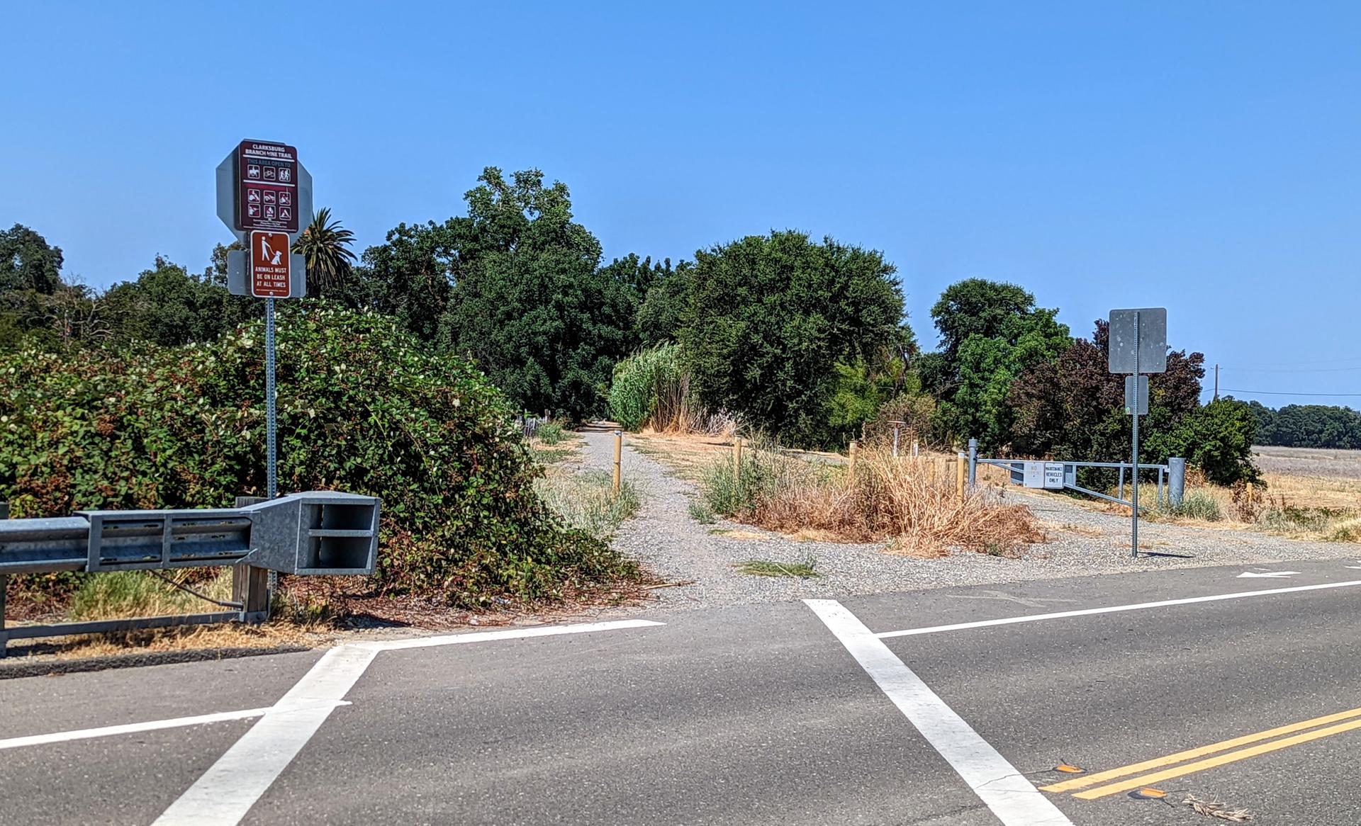 A sunny dirt path entrance next to a paved road with signs.