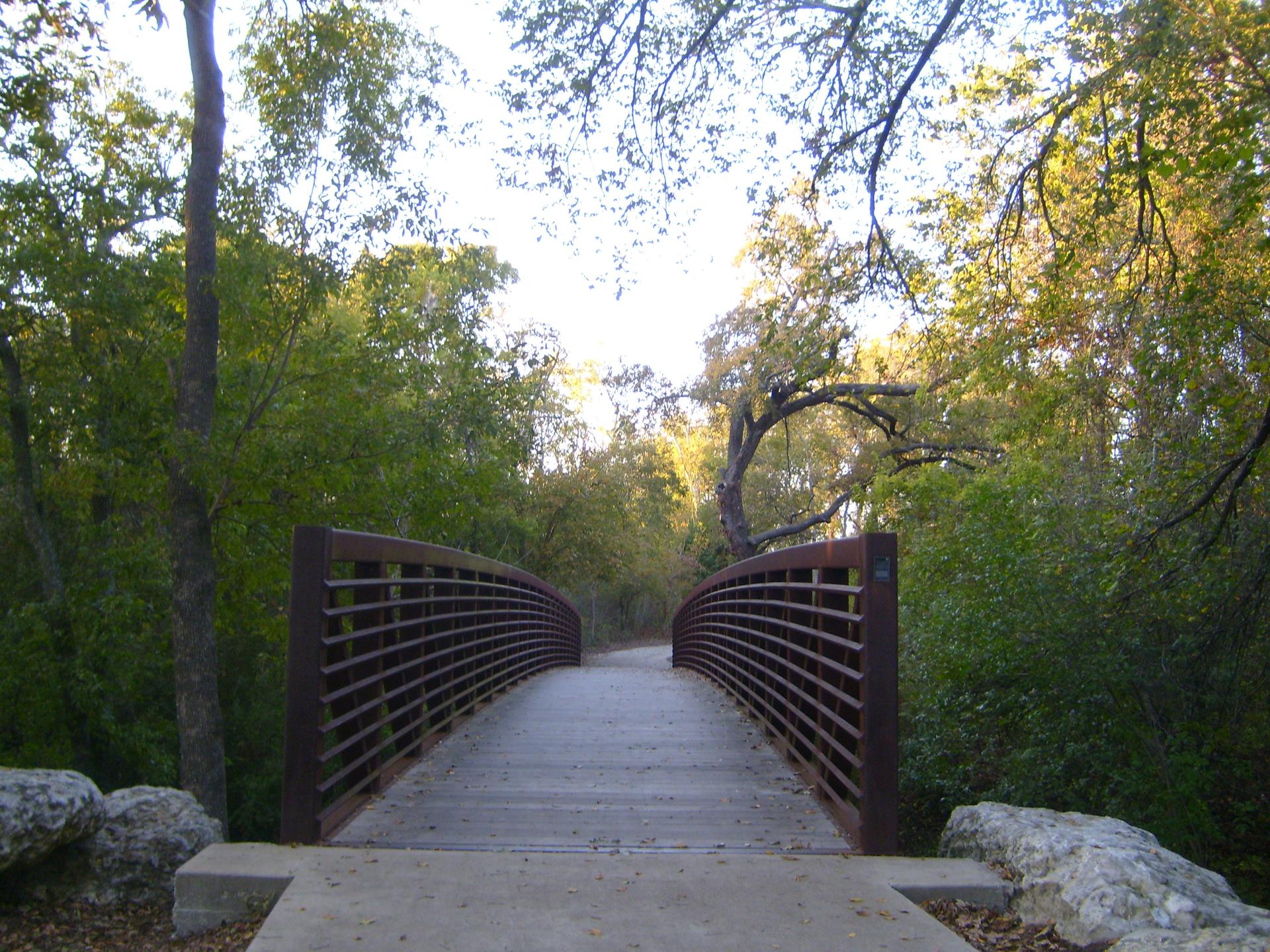 Curved pedestrian bridge with metal railings surrounded by lush green trees.