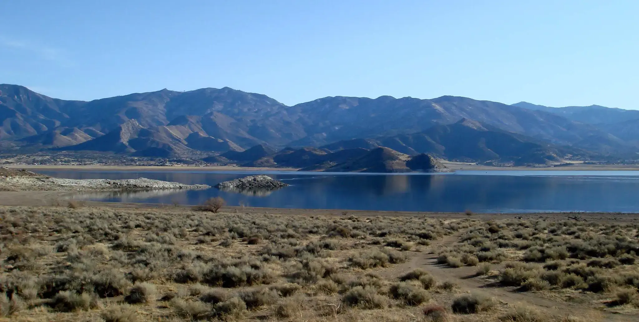 Calm lake with dry brush and rugged mountains under a clear blue sky.