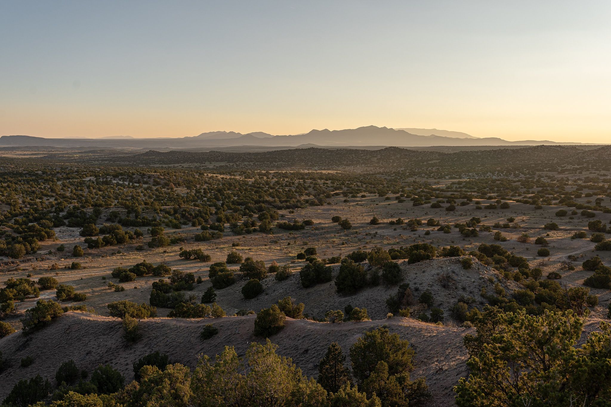 Vast desert landscape with rolling hills and distant mountains at golden hour. - Sphinx Overlook loop from Thumb Trailhead