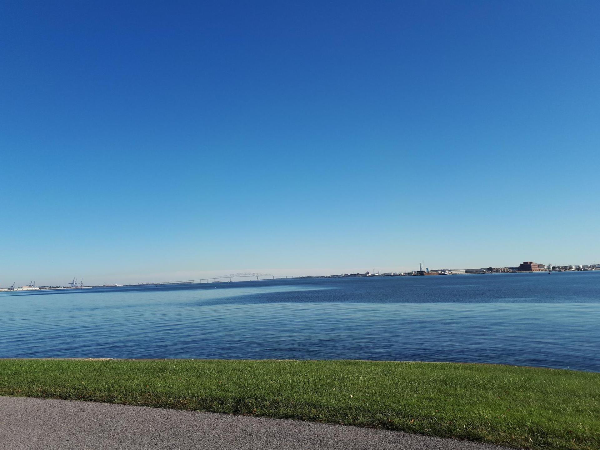 Vast blue water under clear sky, with distant shoreline and green grass.
