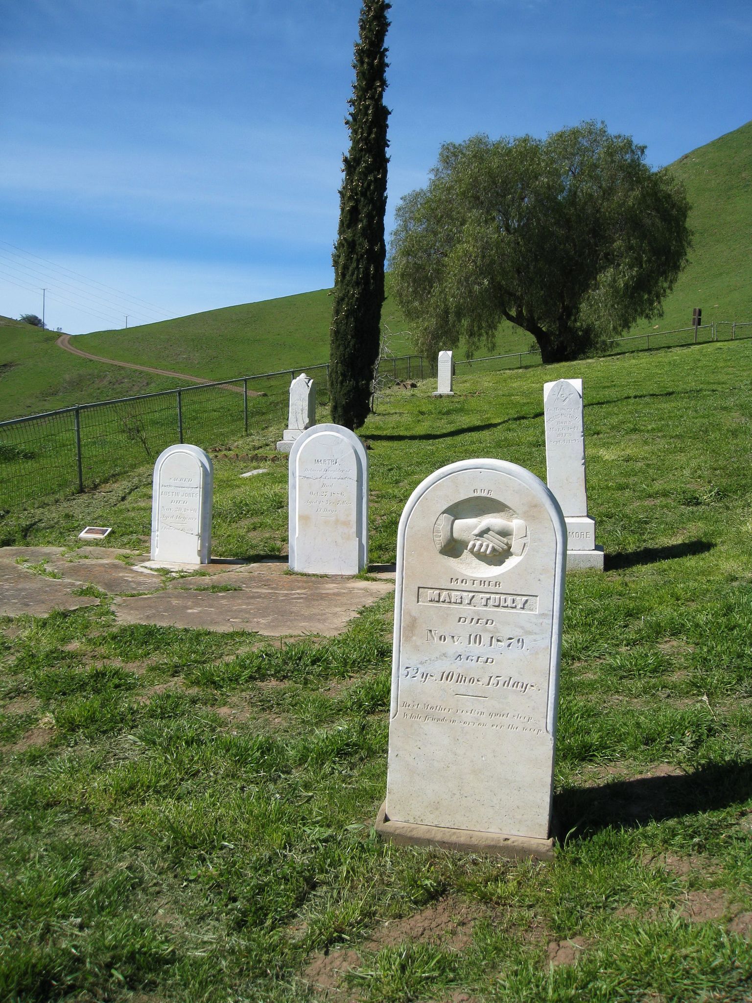 Old gravestones on a sunny, grassy hillside with trees under a blue sky. - Black Diamonds to Mt Diablo Regional Trail