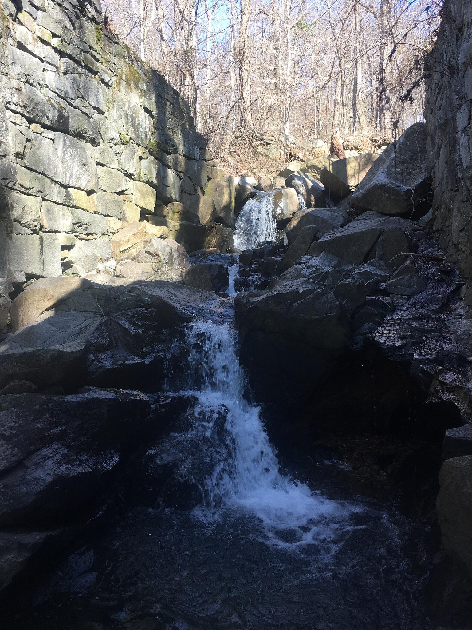 Cascading waterfalls flow through a rocky gorge with bare trees above.