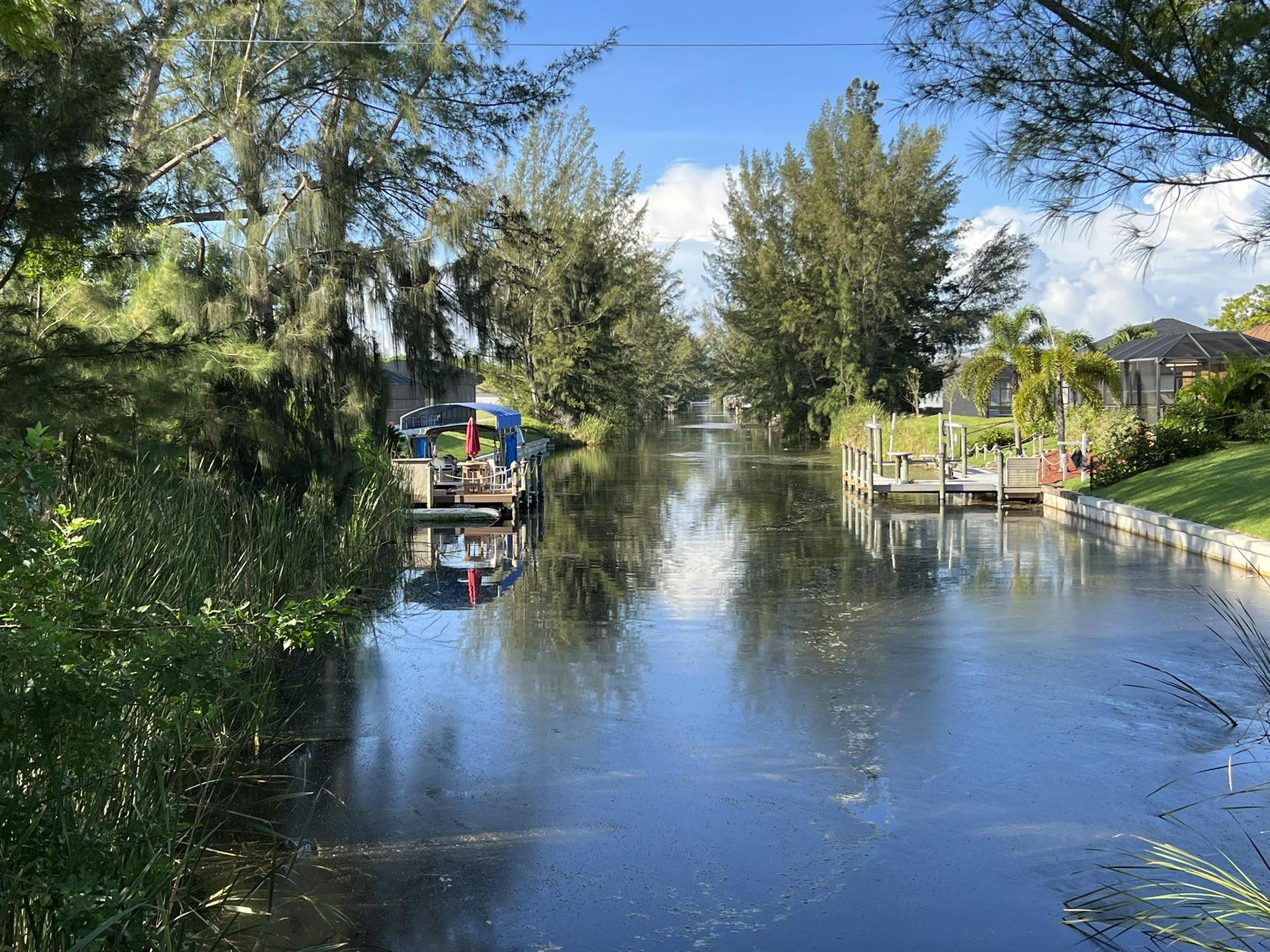 A sunny canal with boats docked, lined by green trees and houses.