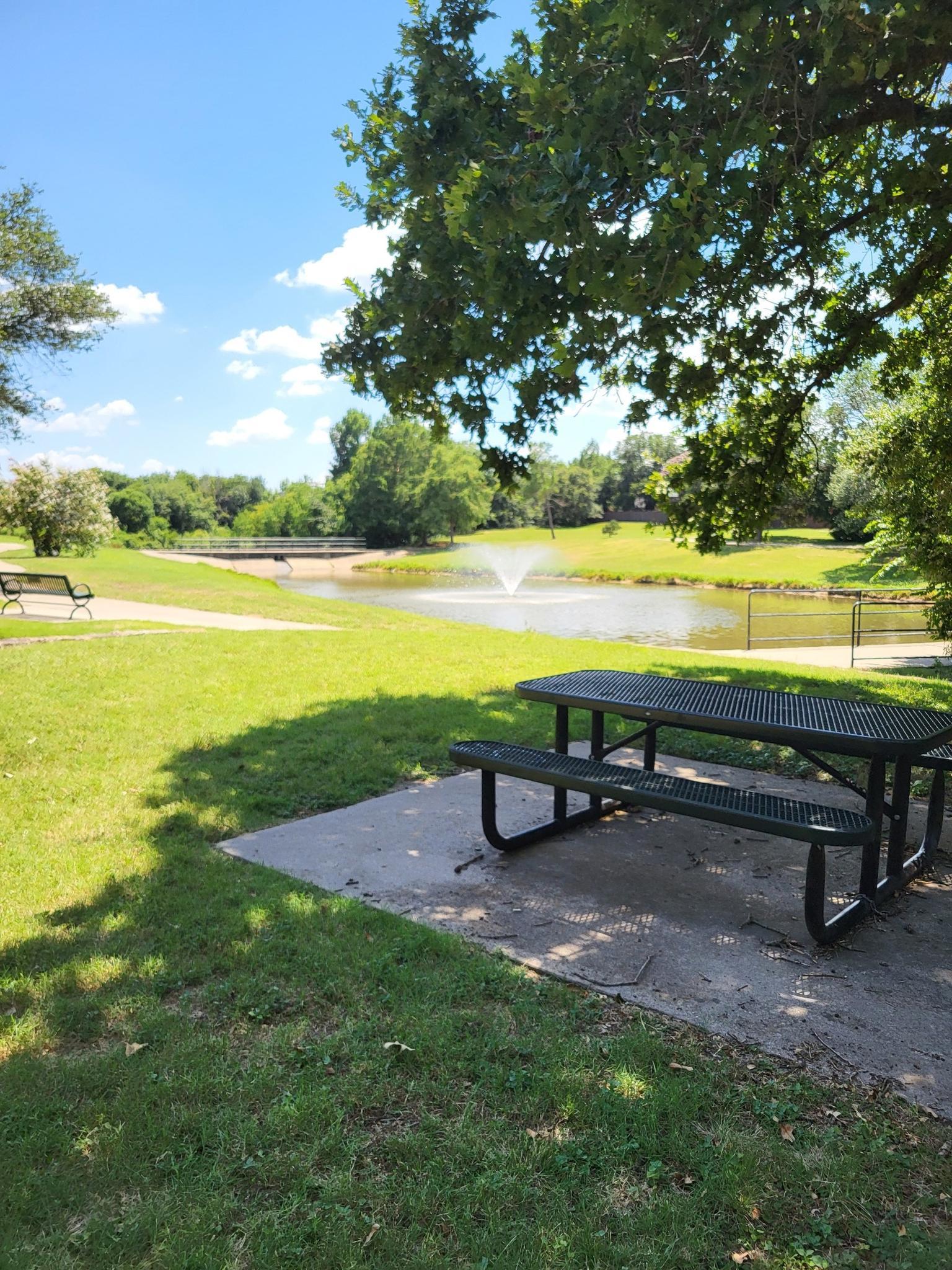Picnic table in shade next to a pond with a fountain on a bright day.