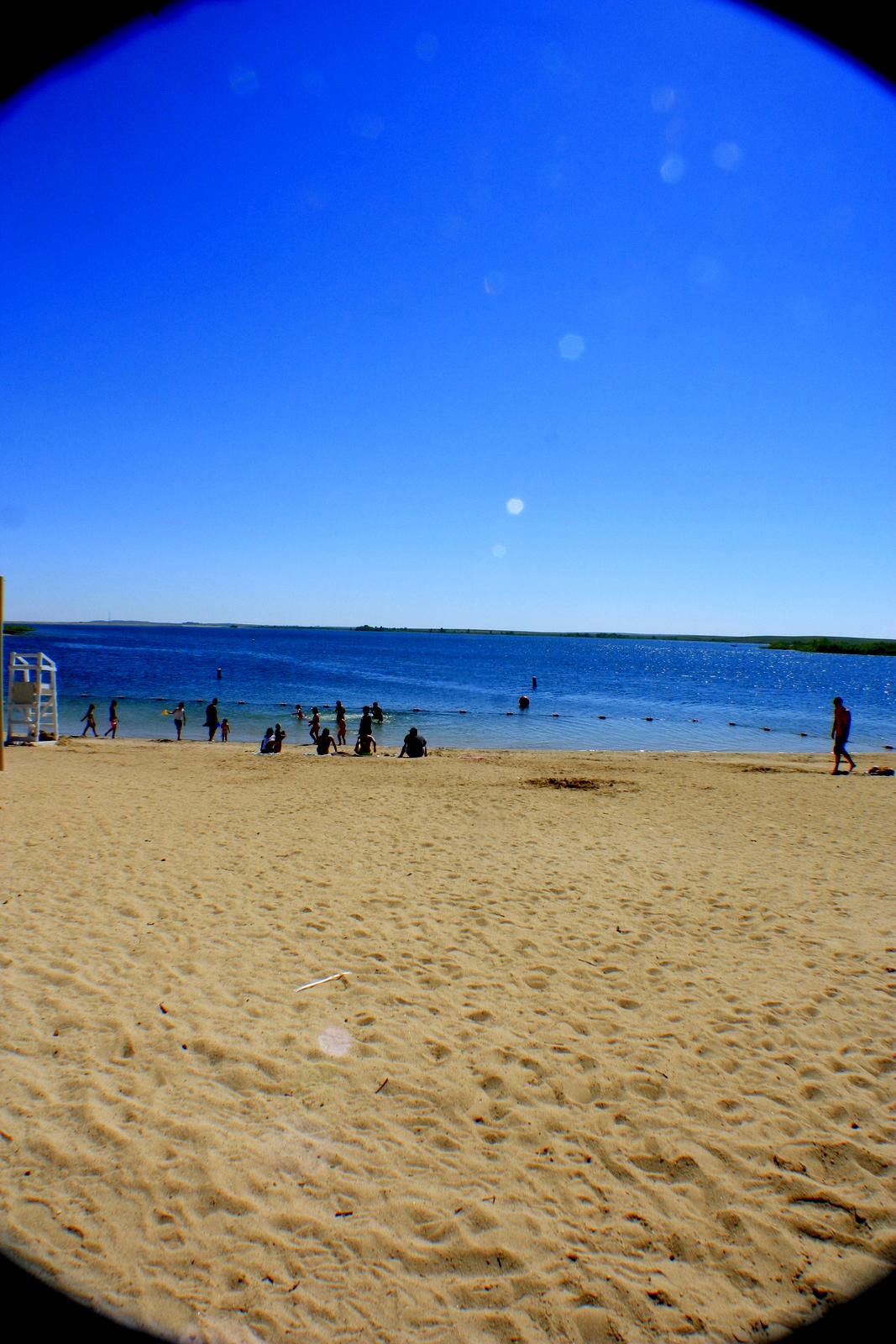 Sunny beach with people relaxing by the blue ocean under a clear sky.