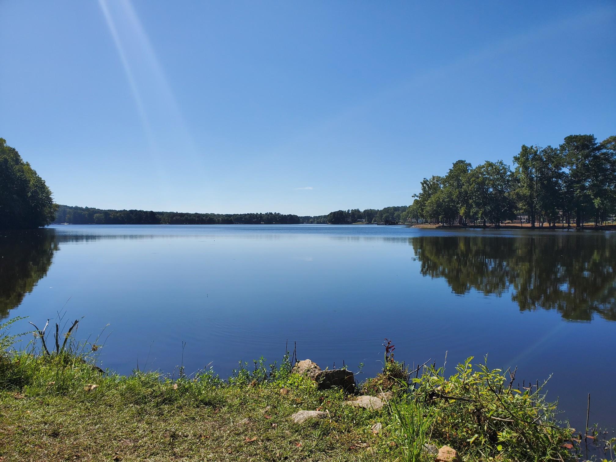 Expansive, calm lake reflecting a clear blue sky, surrounded by green trees.
