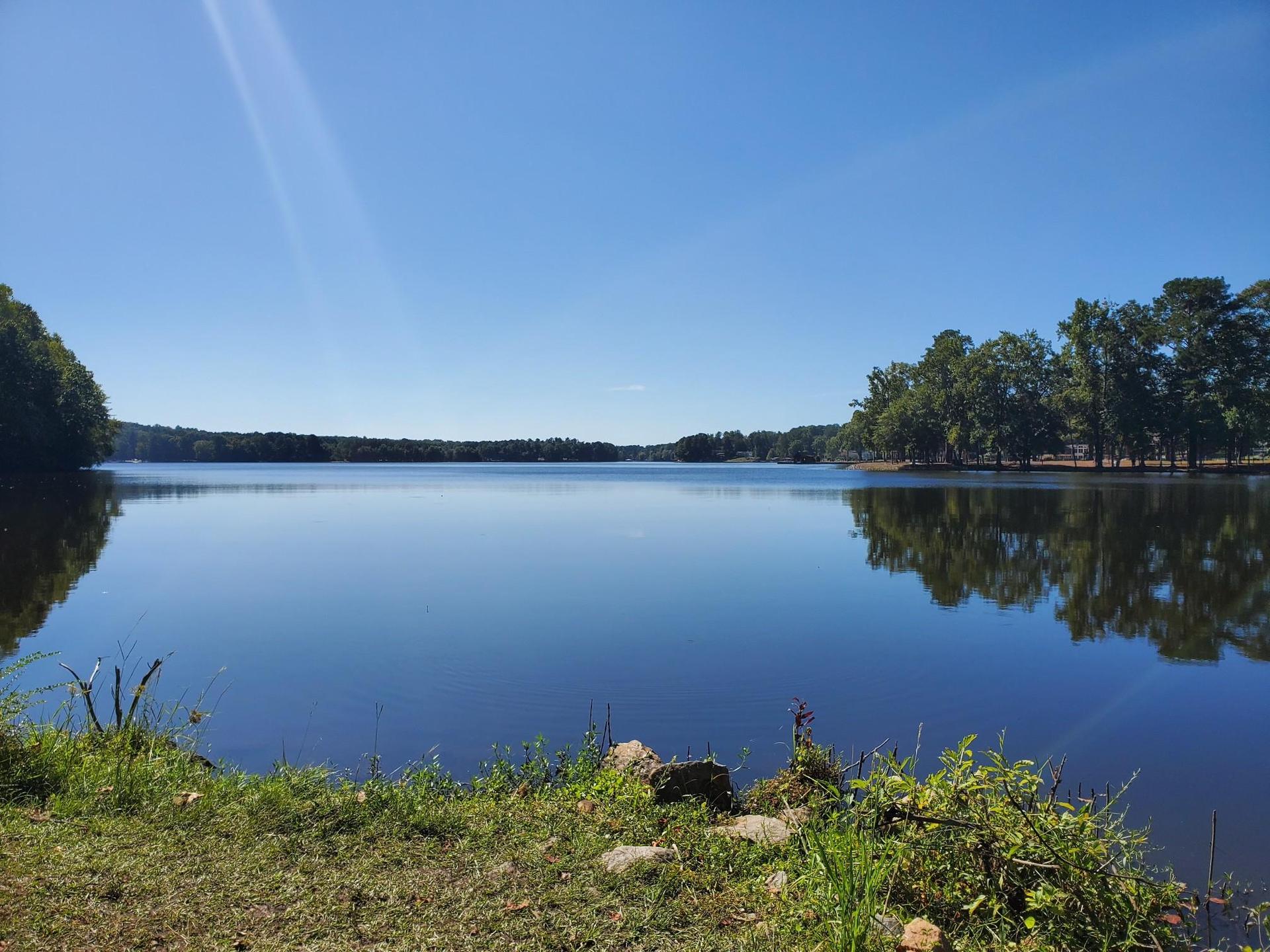 Expansive, calm lake reflecting a clear blue sky, surrounded by green trees.