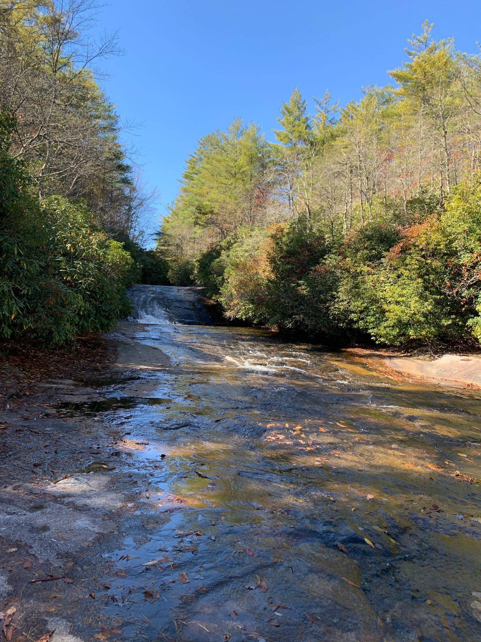 A wide, shallow waterfall flows over sunlit rocks, flanked by dense forest.