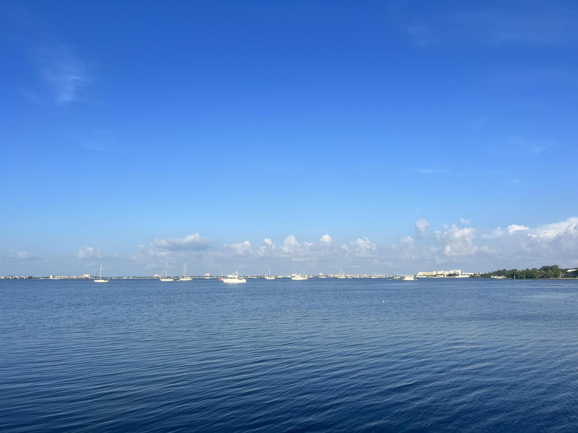 Vast blue water with distant boats and shoreline under a clear sky.