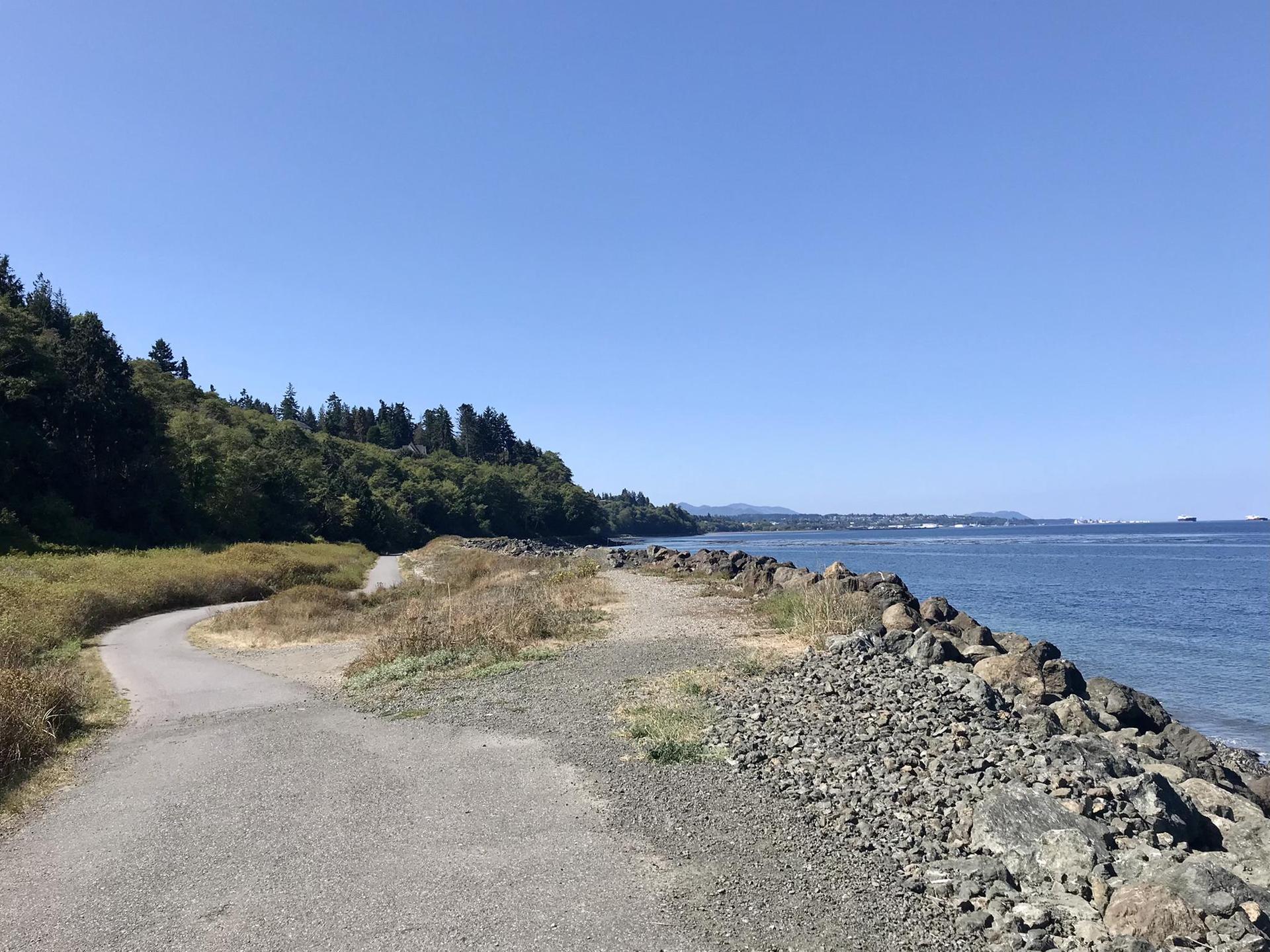 Paved path next to a rocky shore and calm water on a clear day.