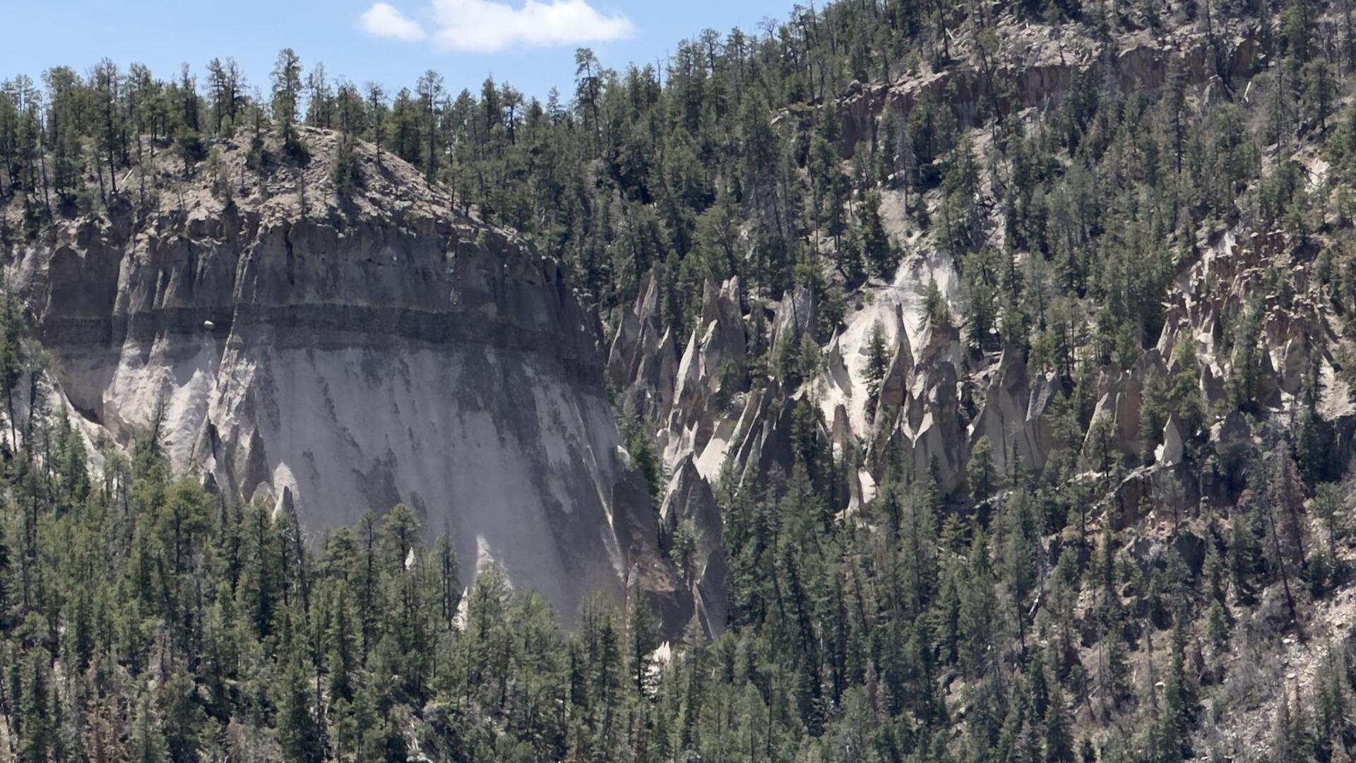 Steep, eroded mountain slopes covered with scattered pine trees under a bright sky.
