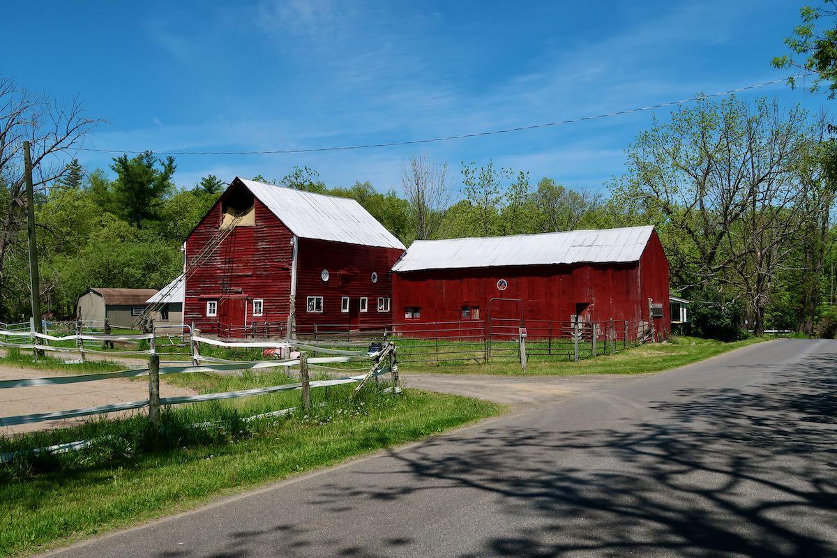 Two red barns with white roofs under a bright blue sky.